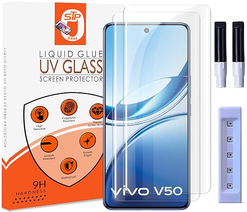 STP FEEL® Premium UV Tempered Glass Screen Protector For Vivo V50 5G / V50e 5G (6.77 Inch, Pack of 2) Full Adhesive UV Curved Case Friendly HD Clarity with easy installation kit for Smartphone
