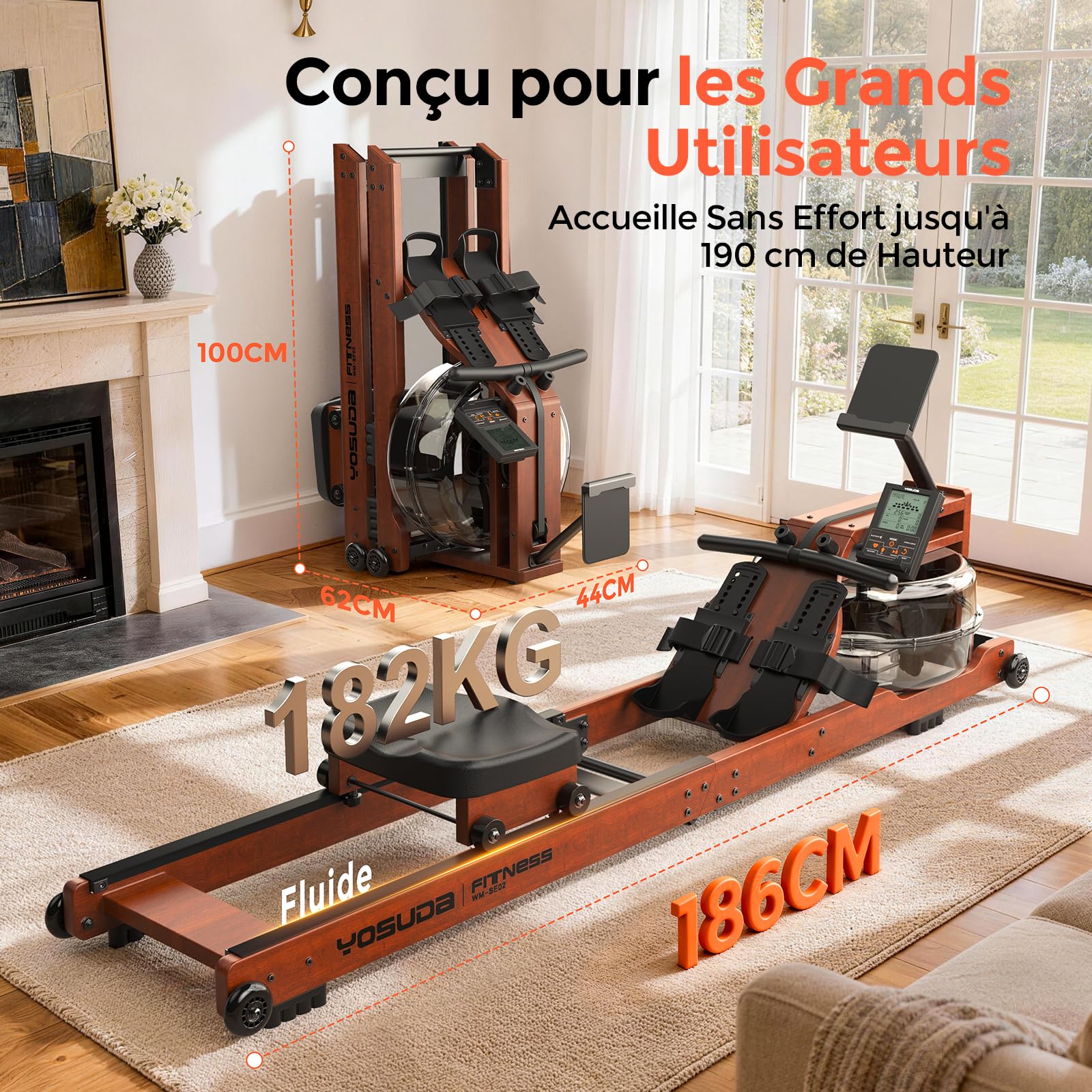 YOSUDA 2026 Nouveau Rameur Pliable Appartement, avec Grand réservoir 22L, APP/Bluetooth, Ultra-Silencieux, Support téléphone réglable, capacité Max. 190cm/182kg et pré-assemblé à 98%, Rameur a Eau