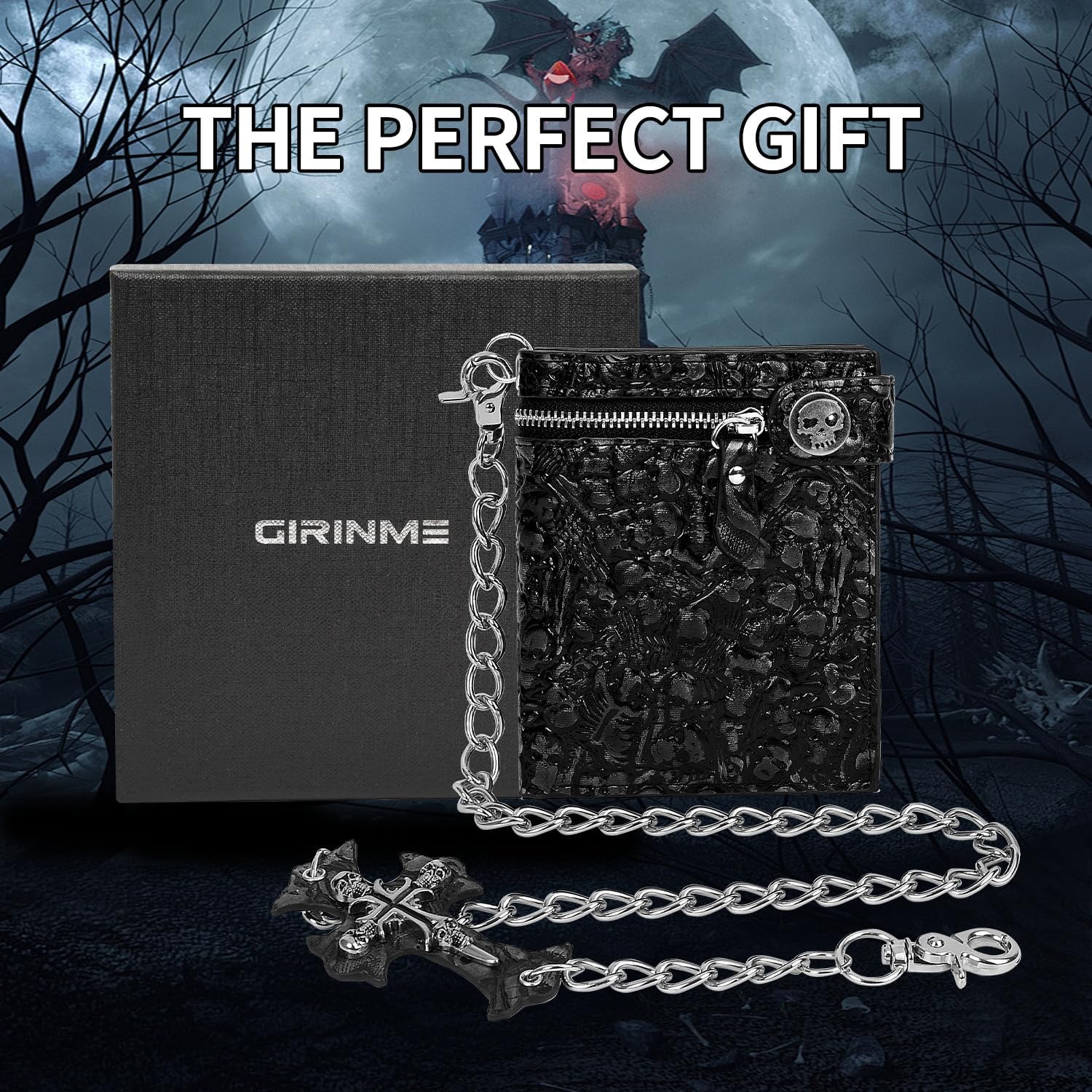 Unisex Gothic Punk Skull Chain Wallet - Bifold Faux Leather, Halloween Goth Accessories - Black - Image 2