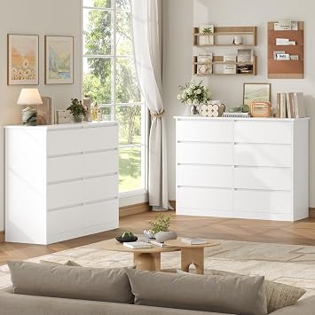 FOREHILL Chest of Drawers Bedroom with 8 Drawers White Storage Cabinet | 120cm Large Chest of Drawers, Sideboard for Living Room, Dresser, Hallway Bedroom Furniture, Wooden 120 x 39.5 x 96cm