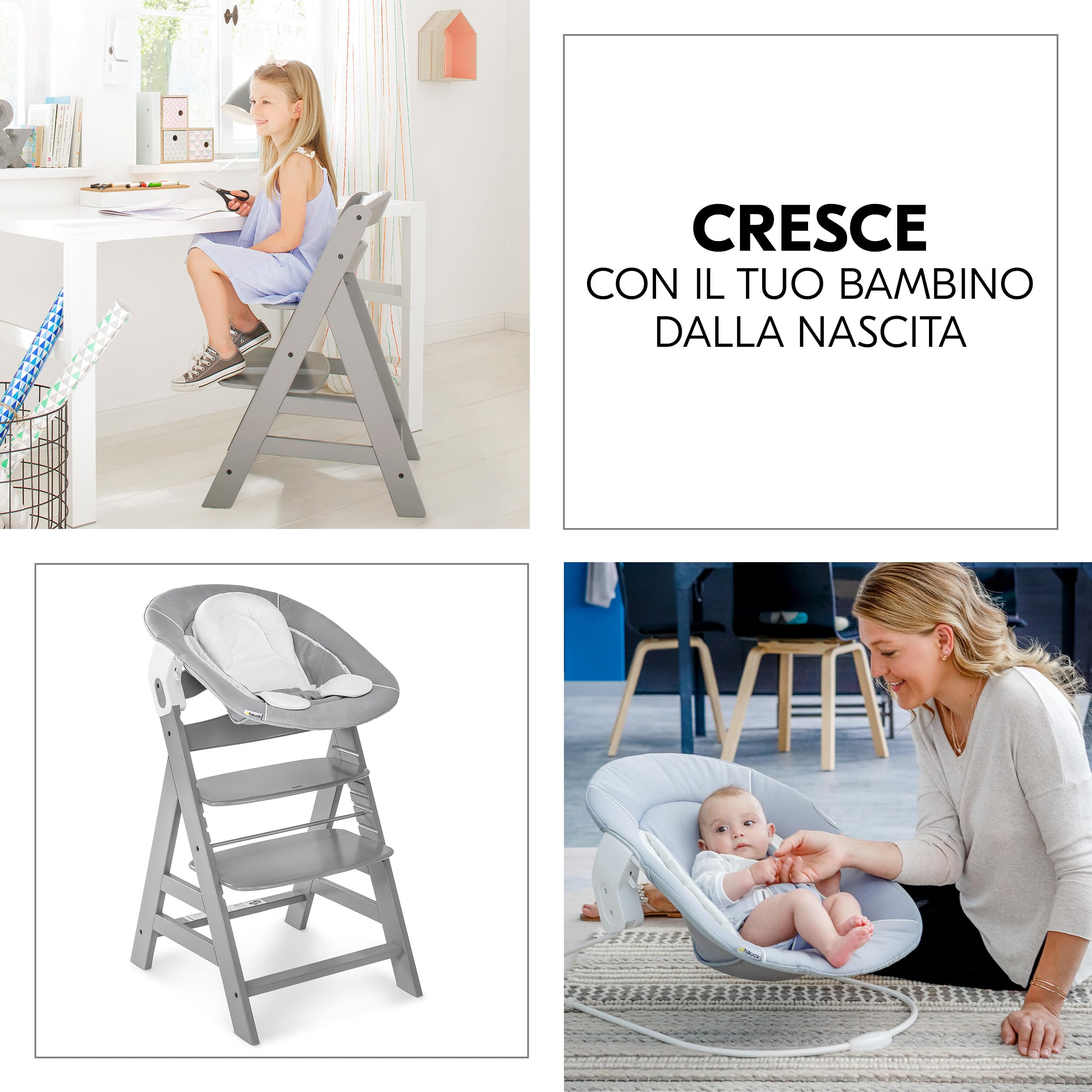 hauck Seggiolone Pappa Alpha Plus Set Newborn - Sediolone Pappa Bimbi In Legno, Evolutivo con Sdraietta Neonati Dondolo 2in1 e Cuscino - Grigio