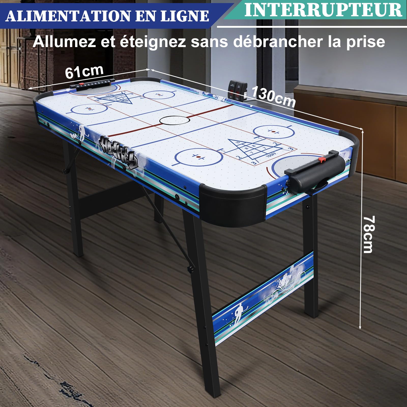 hotsizz Table Multijeux. Air Hockey/Bowling/Shuffleboard Pliable, équipée d'un Ventilateur 12V, Dimensions 130×61×78 cm, idéale pour Le Divertissement des Adultes et des Enfants.