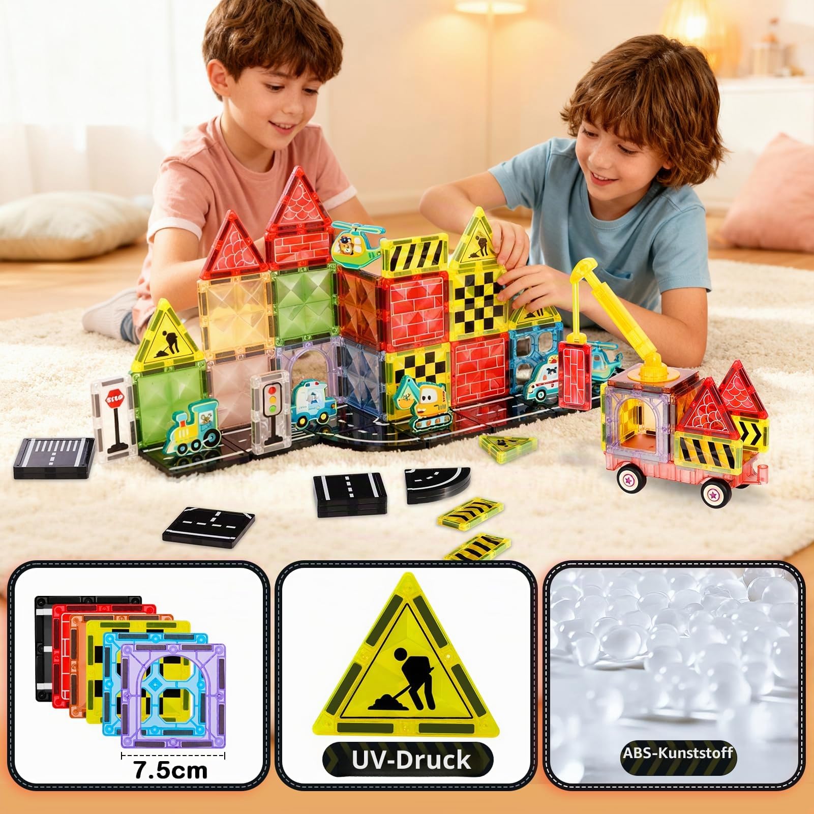 80PCS Magnetische Bausteine Straßenset, 7,5 cm Große Magnetische Bausteine inkl. Flugzeug Auto für Jungen Mädchen 3 4 5 6 7 8 9 10 11 12 Jahre STEM-Konstruktionsspielzeug pädagogisches Geschenk
