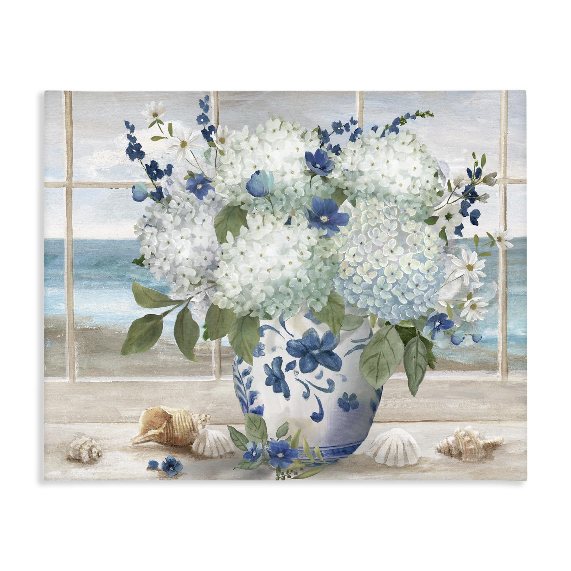 Stupell Industries 'Seaside Hydrangea Bouquet in Window', Canvas Art, 20 x 16 Inches, Easy to Hang and Sturdy, Made in USA, by Nan