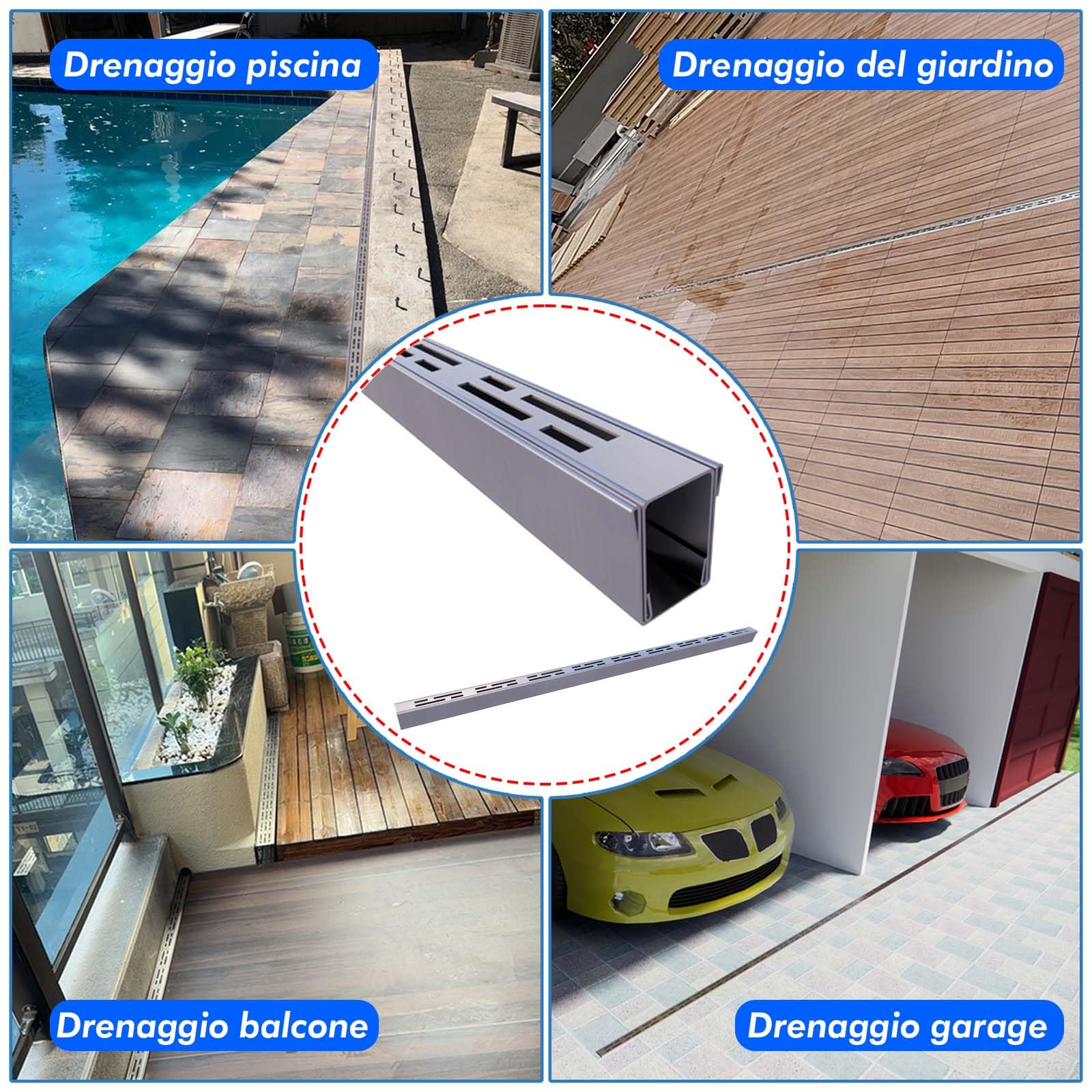 Piccolo Canaletta Scolo Acqua Piovana Acciaio Inox 304, Largo 3,5 cm, Lungo 2 m - Canalina Lineare per Terrazza, Piscina, Marciapiede - Kit con Griglia di Scolo e Connettore