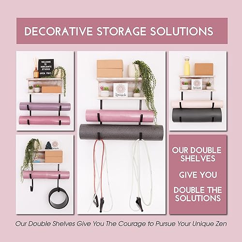 Miniatura 5 de Horizonte Organizador de madera para gimnasio en casa montado en la pared, tapete de yoga y soporte de rodillo de espuma  Elegante estante para