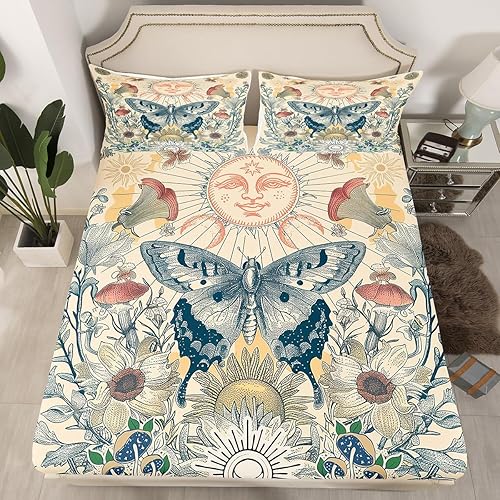 Miniatura 2 de Erosebridal Juego de sábanas de mariposa hippie con sol y luna, juego de sábanas tamaño Queen, juego de sábanas florales groovy con hongos y