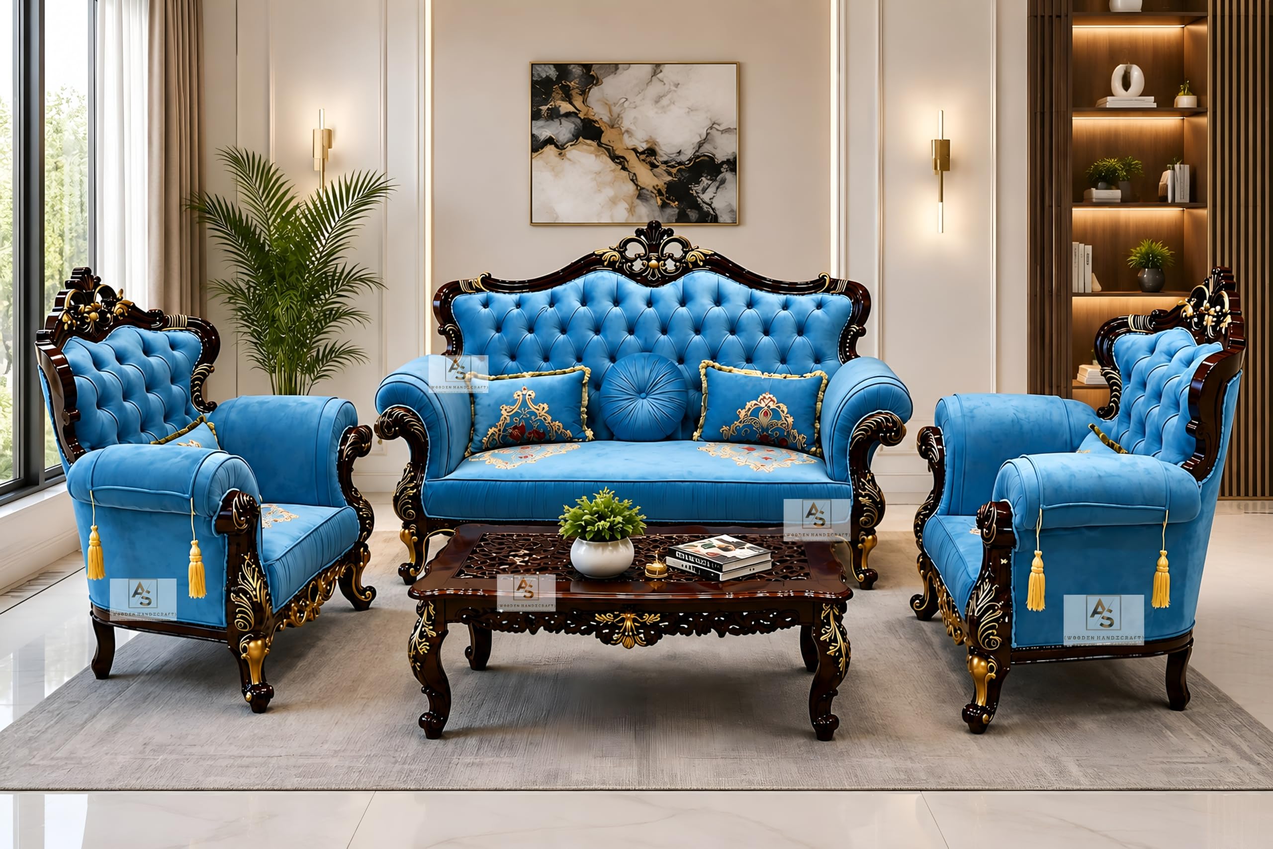 Royal Carved Wooden Sofa Set | 3+1+1 Seater + Center Table | Floral Blue Upholstery with Maharaja Carving | Victorian Style Furniture Tufted Sofa Set Antique Gold & Dark Walnut-image-5