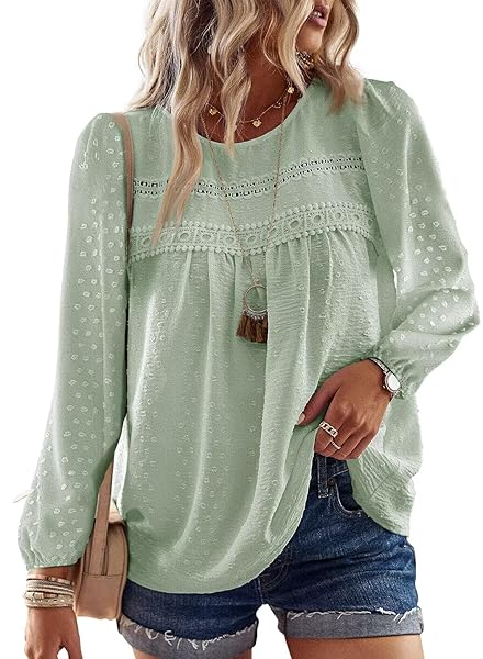 Womens Fall Tops Crewneck Long Sleeve Shirts Casual Chiffon Blouses Flowy Lace Hem Boho Clothing Trendy 2025
