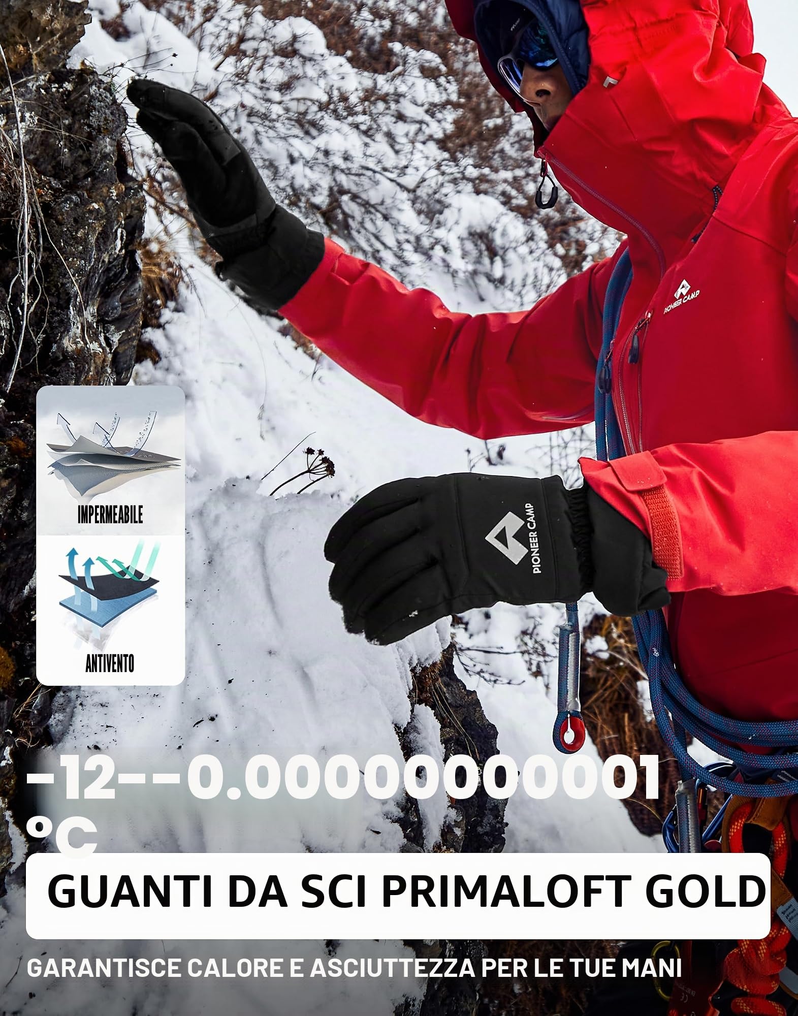 Pioneer Camp Guanti invernali da uomo e donna, impermeabili Primaloft Gold Isolamento Caldi Guanti da sci Touch Screen Spessi Termici Wicking Insert, Corsa Sci Escursioni Ciclismo