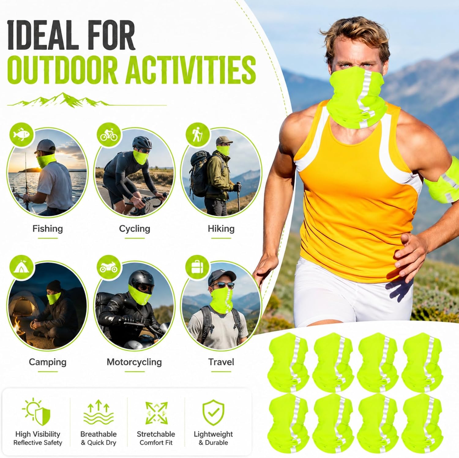 SATINIOR 8 Pcs Neck Gaiter Face Mask, Reflective Summer UV Protection Cooling Scarf Neon Breathable Bandana for Men Women