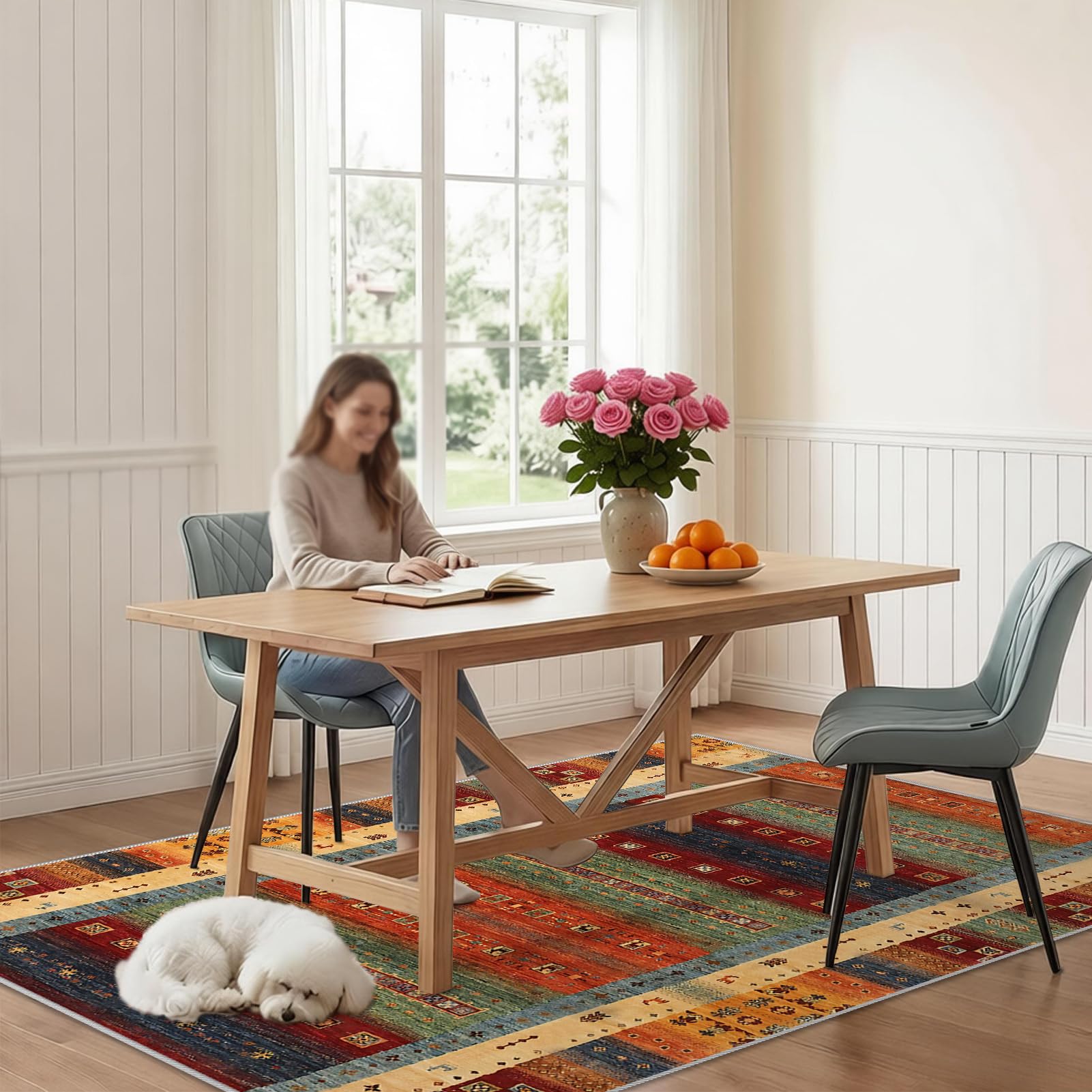 Dywan do salonu w stylu vintage, 170 x 190 cm dywaniki do sypialni, salonu, sypialni, kuchni, jadalni, duży dywan z krótkim włosiem, dywan do jadalni, antypoślizgowy zmywalny dywanik kuchenny