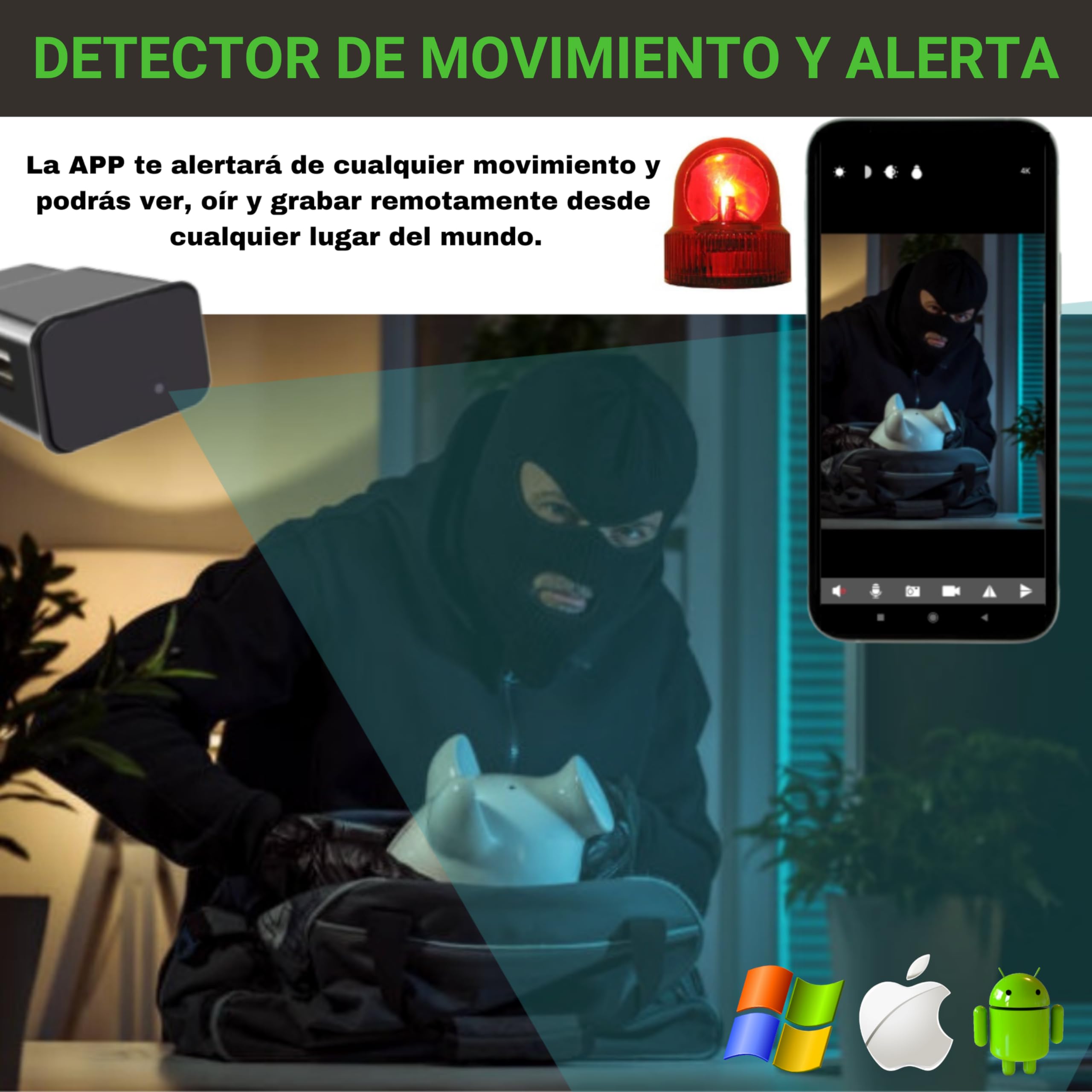 Mini Camara Espia Oculta Camuflada WiFi, (Sin AGUJERO de LENTE), Sin Luz al Grabar, Completamente indetectable, Camara Vigilancia WiFi Interior, Versión 2025, Full HD Real, Detección de Movimiento