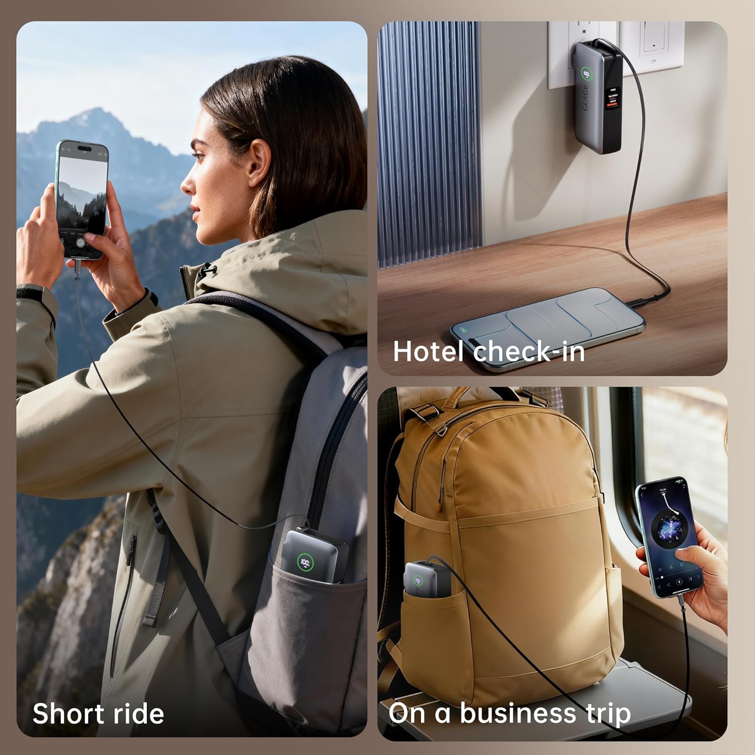 GUSGU X3 10,000mAh Power Bank with Foldable Plug, Retractable USB C Cable &Type-C/USB-A Ports, 35W PD Max Fast Charger for MacBook Air/Pro, iPad, iPhone 17/16/15, Galaxy S24/S23 and More