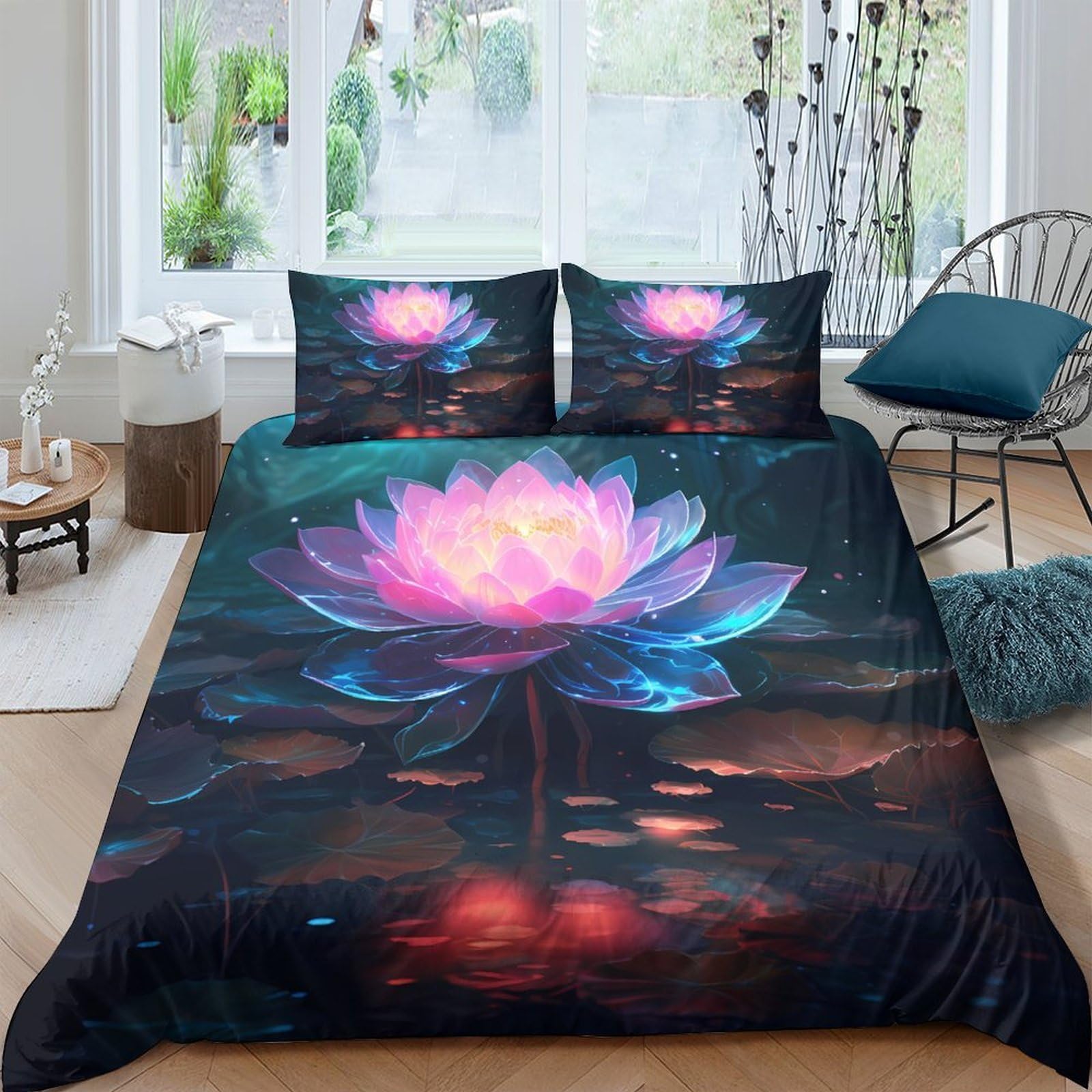 Ctjqhvkz Style-1 3D Printed Lotus Blossom Fitted Sheet Microfiber Soft Bedroom Decor, Water Reflection Mattress Cover, Machine Washable Single（135X200cm）