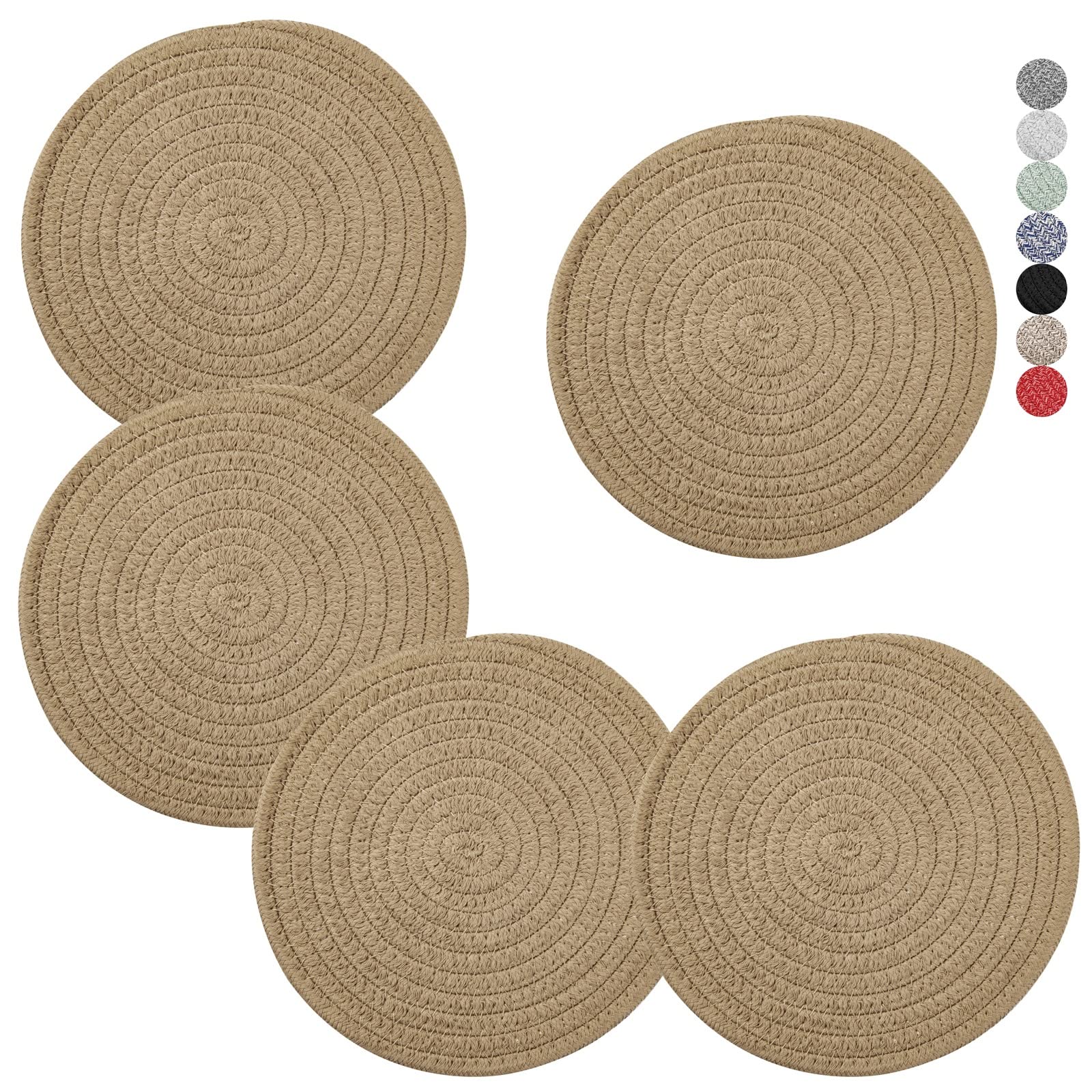 Trivets for Hot Pots and Pans 8 inches 5 Pcs, Trivet for Hot Dishes, Hot Pads for Kitchen Table, Large Coasters Cotton Mat to Protect Counter, Cooking Potholder Set (Khaki, 5)