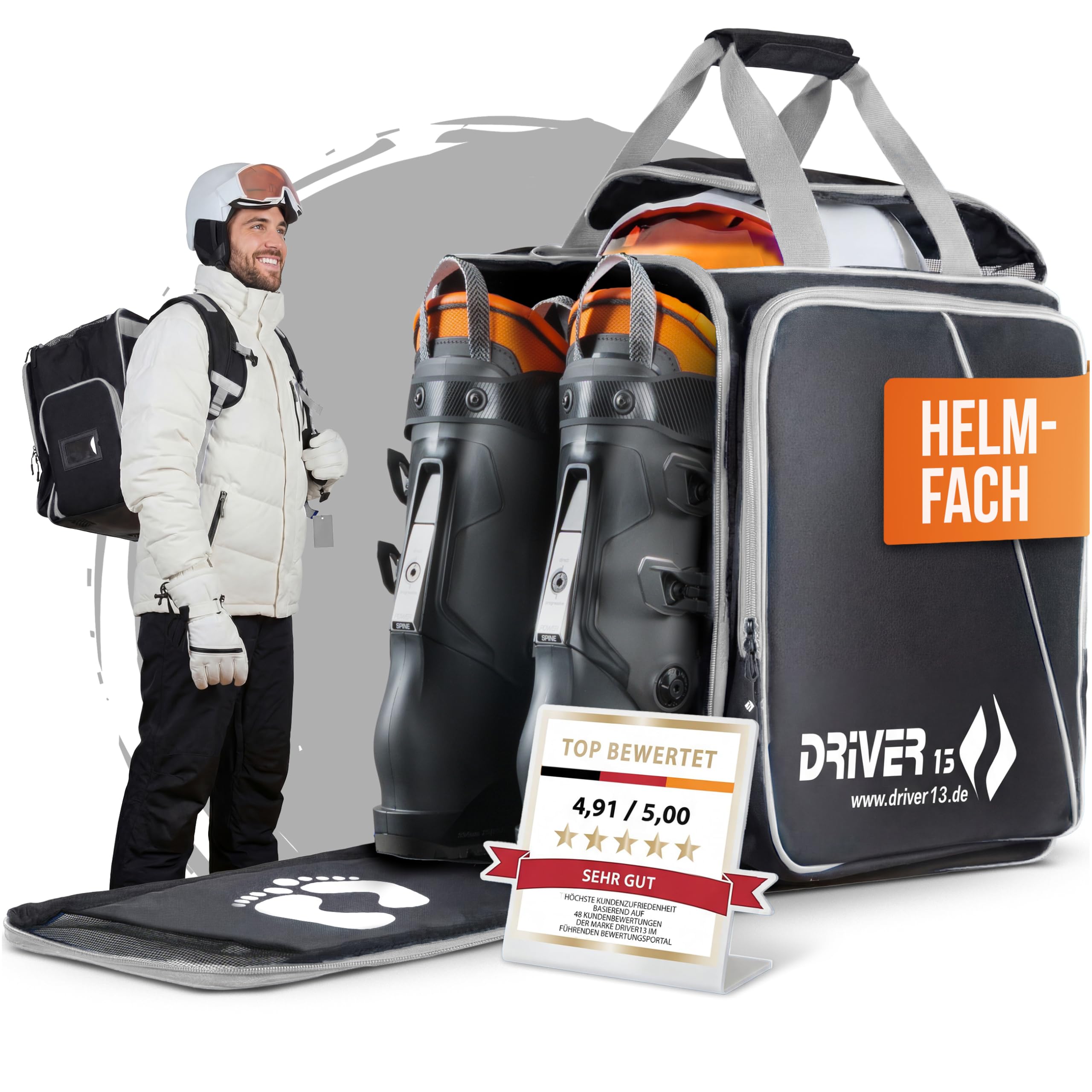 Driver13 ® Mochila para Botas de esquí con Compartimento para Casco + Mochila para Reloj de esquí con Compartimento para Casco para Botas duras + de Snowboard + inliner + Bolsa para Botas Negro-Gris