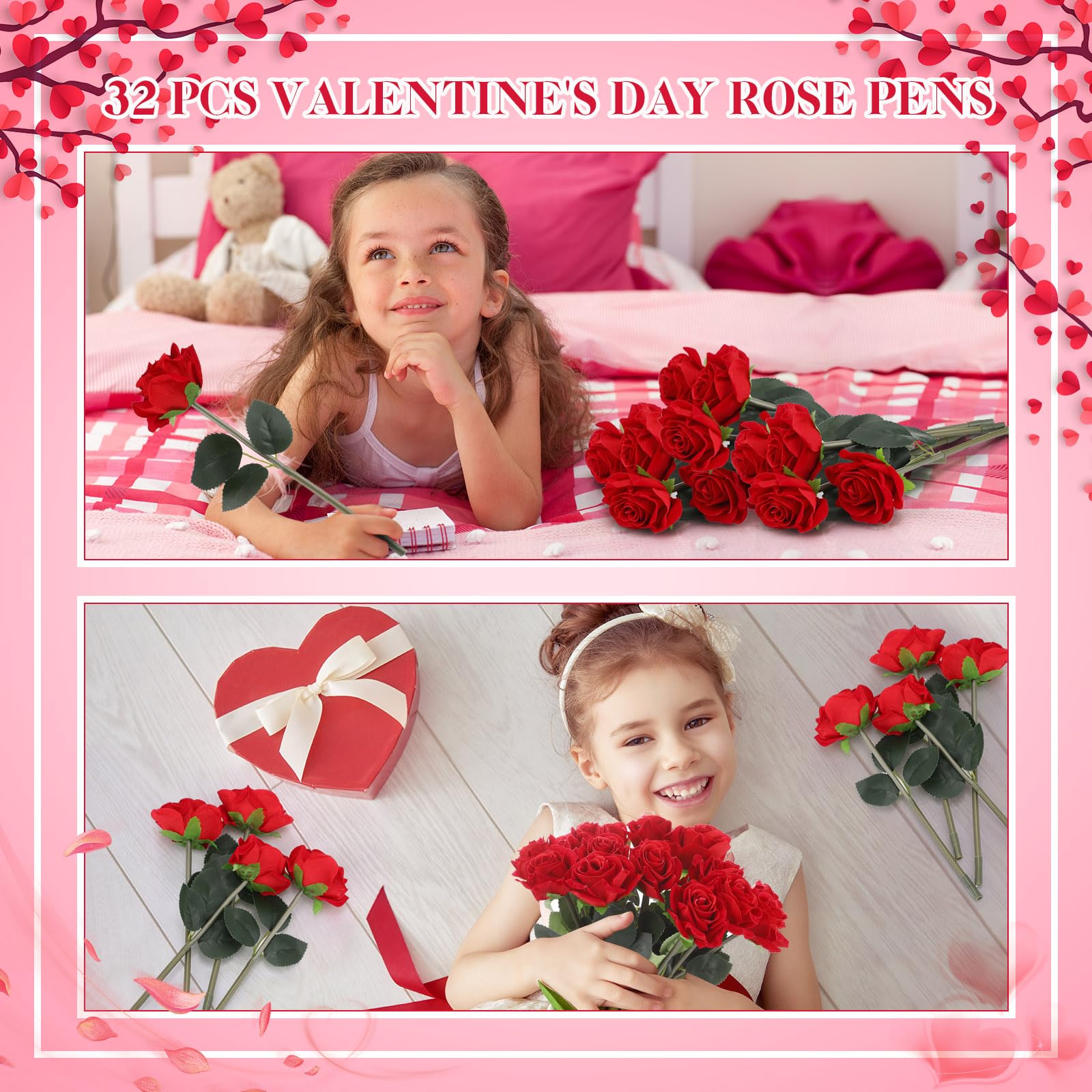 Yexiya Lot de 32 stylos à bille en forme de rose rouge pour mariage, Noël, Saint-Valentin, Halloween, pour bureau, salle de classe, fournitures scolaires, fête, décoration de bureau
