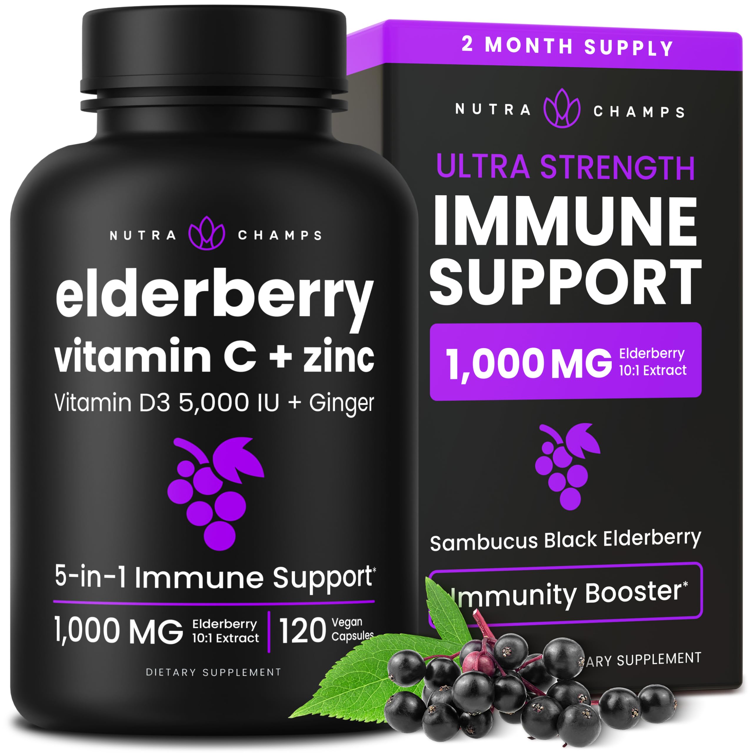 Elderberry Capsules | 1000mg Sambucus Elderberry with Zinc and Vitamin C for Adults + Vitamin D3 5000 IU & Ginger | 5-in-1 Antioxidant Immune Support Supplement | 120 Elderberry Extract Capsules