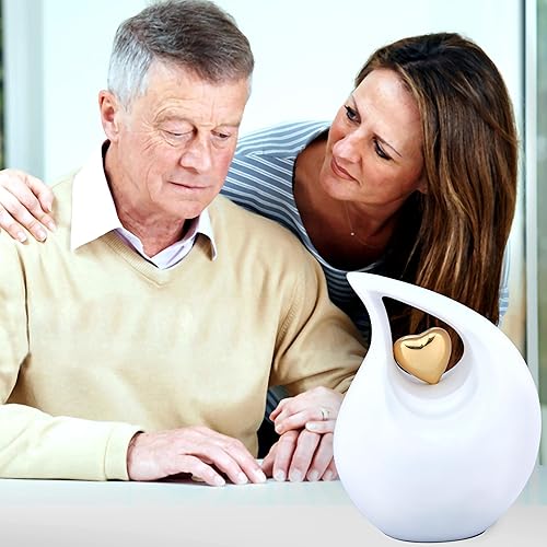 Miniatura 80 de Urna de corazón de lágrima dorada blanca para cenizas humanas Urnas de cremación para cenizas adultas Urna de ceniza funeraria para hombres