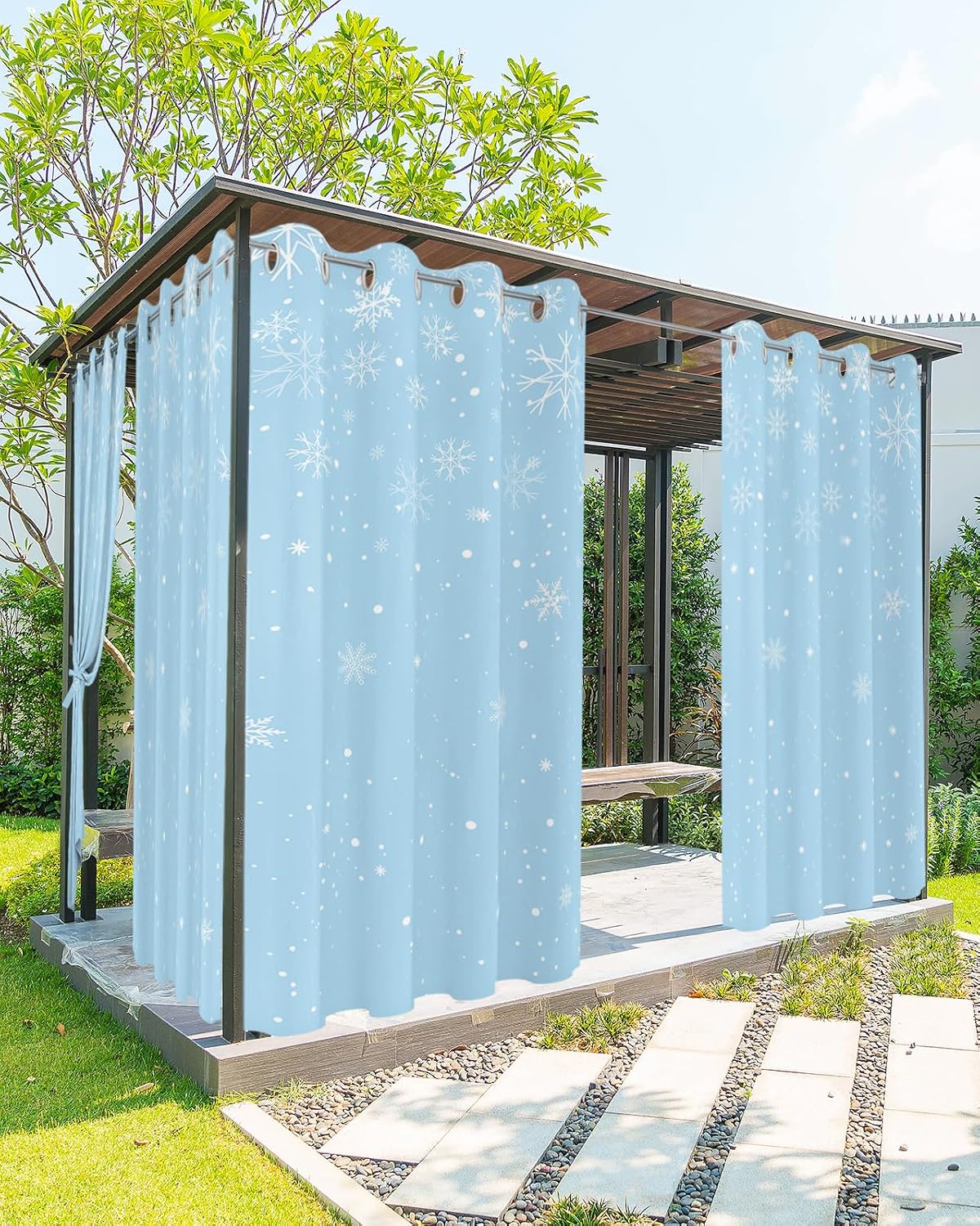 Merry Christmas Waterproof Outdoor Curtains for Patio Winter Snowflake Light Blue Background Weatherproof Outside Curtains Light-Filtering Anti-Rust Grommet Top Curtains Panel for Garden Porch 54x84in