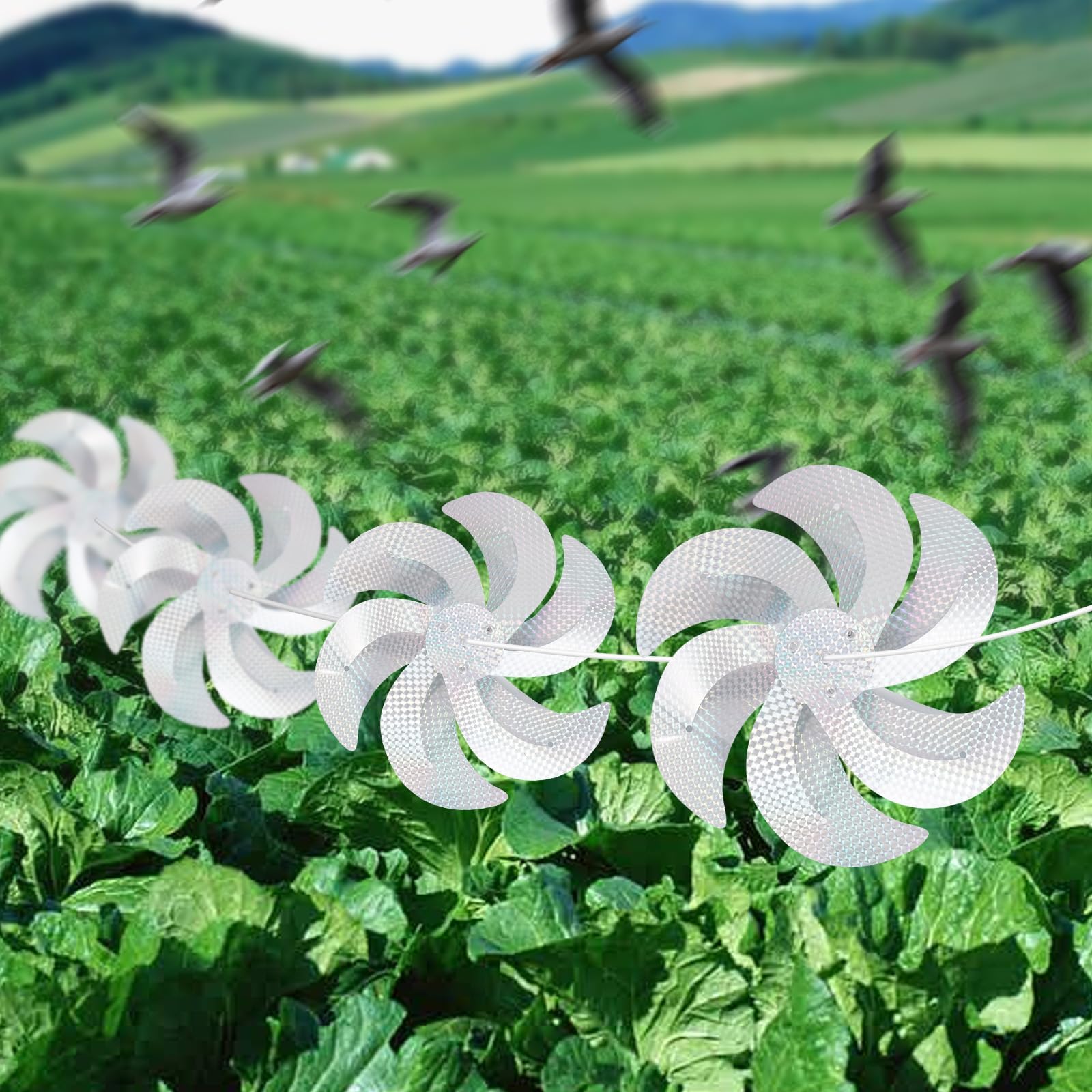 Windmills Reflective Bird Repellent, 10 Meters 8 Pieces 12 Inches Silver Wind Spinners for Outdoor Yard Garden Lawn Farm Decor to Scare Birds, Large Shiny Rotating Pinwheels for Animal Deterrent
