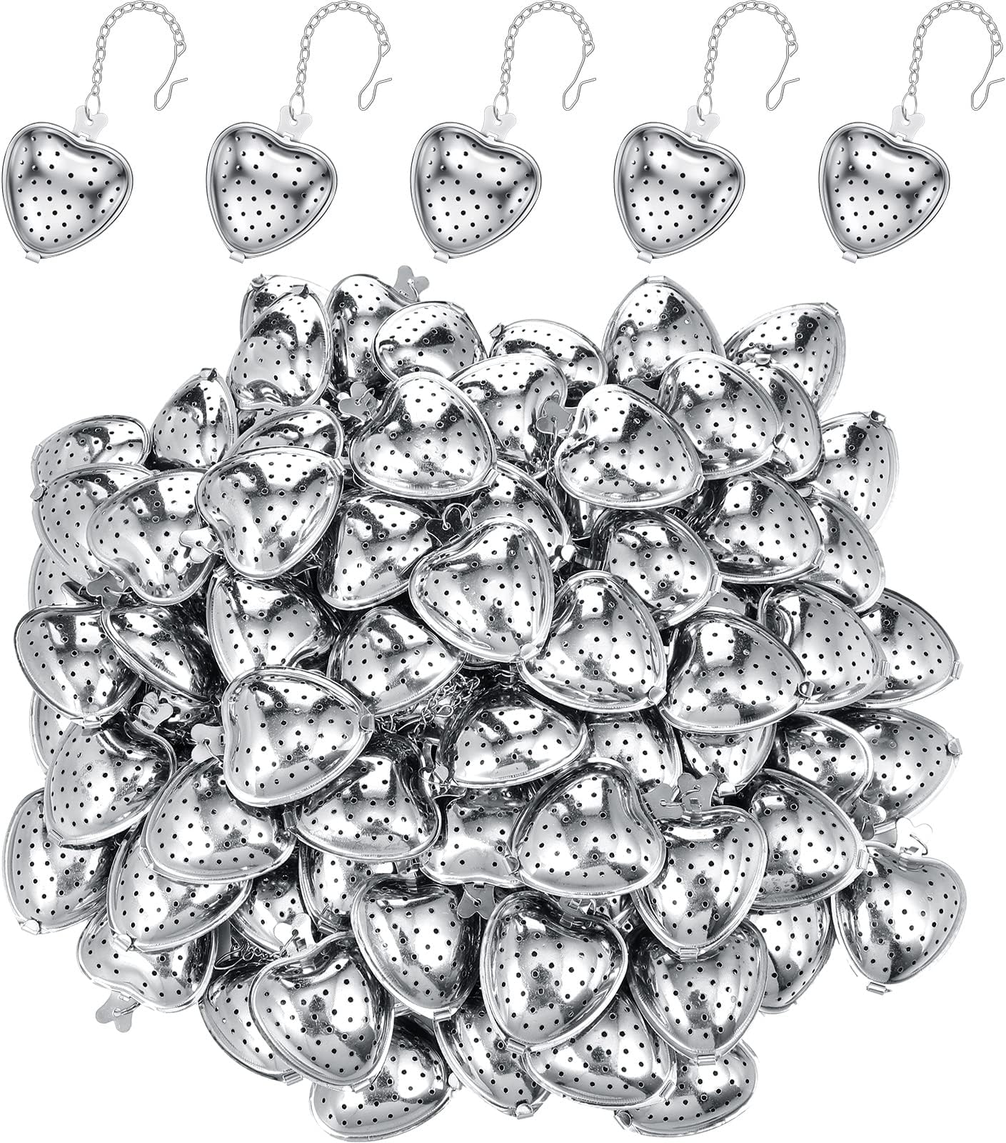 Sumind 100 Pcs Tea Strainer Stainless Steel Tea Ball Infuser Loose Leaf Tea Steeper Tea Interval Diffuser Heart Shape Mesh Tea Filters with Extended Chain Hook for Seasonings Cup Bottle (Silver)