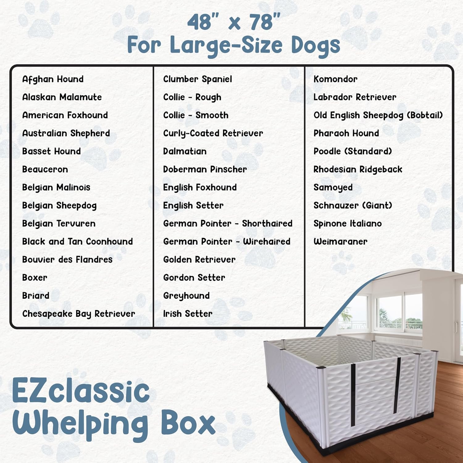 EZwhelp - EZclassic Whelping Box, 48"x76"x28" The Trusted Choice for Breeders - Durable, Customizable, and Portable - Quick Setup, Easy Cleaning, and Comfort for Dogs and Puppies, Gray Pad