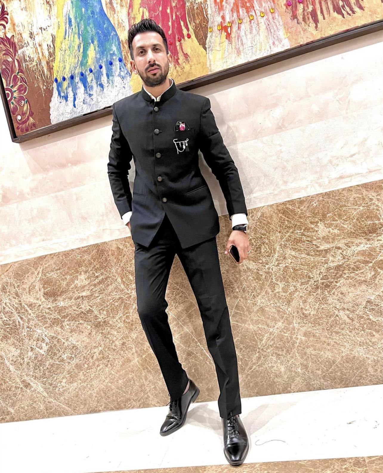 Uomo Completo con Giacca Monopetto con Colletto alla Coreana e Pantaloni, Perfetto per Le riunioni Natalizie