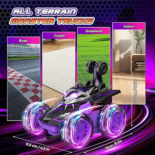 Miniatura 5 de Auto a control remoto, autos RC para niños con doble cara abatible de 360 y luces de rueda 4WD, juguetes recargables de camión monstruo para 4, 5,