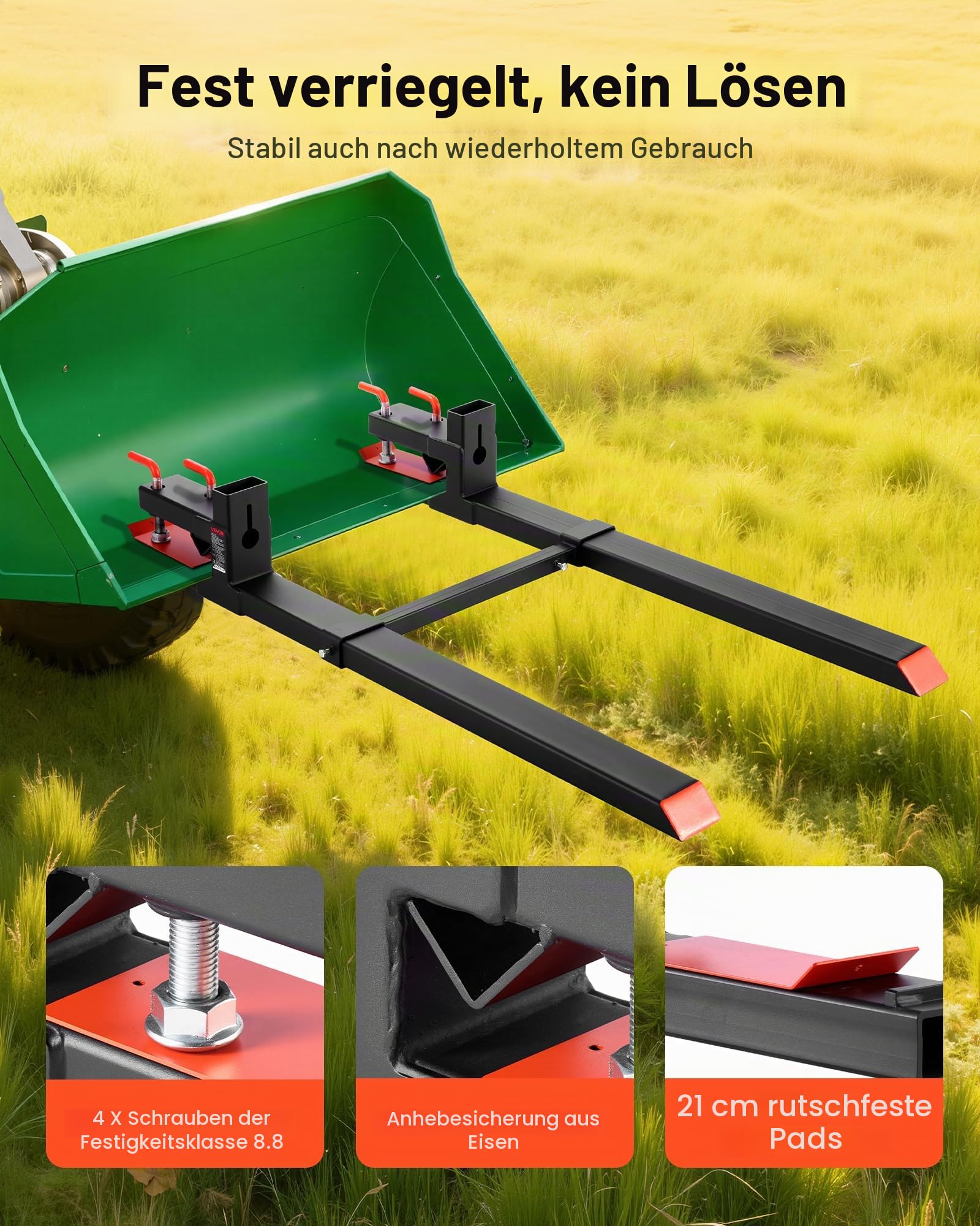 VEVOR Palettengabeln, 1814 kg Gabelträger zum Anklemmen, 1490 mm Gesamtlänge, Gabelzinken mit verstellbarer Stabilisatorstange für Traktoranbaugeräte, Ladeschaufel & Kompaktlader, Schwarz