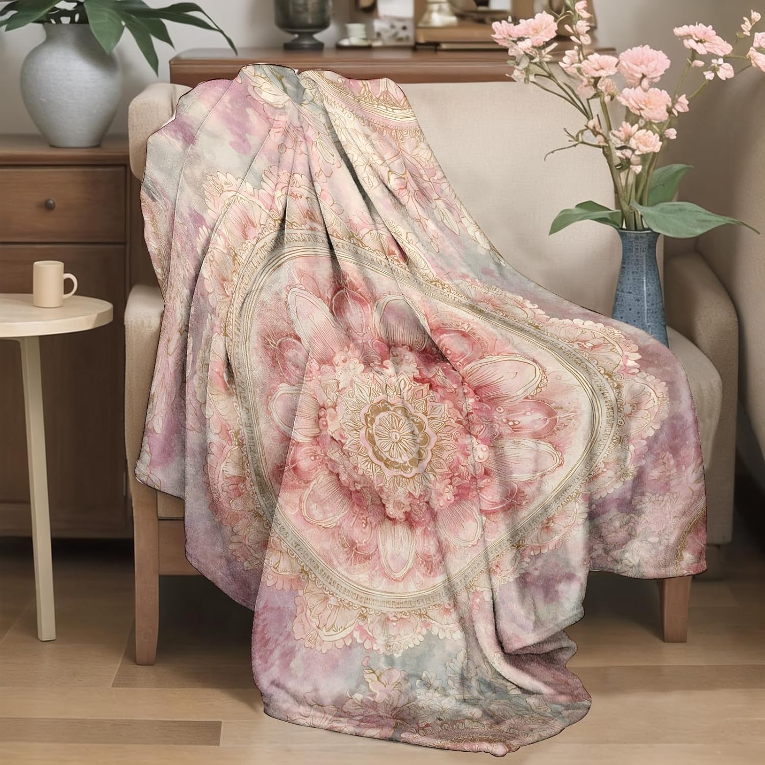 Elegant Mandala Floral Flannel Blanket 60"x80" Watercolor Pink Flower Printed Lightweight Throw Blankets Birthday for Girls Women Office Bedroom Sofa Travel Boho Home Decorate