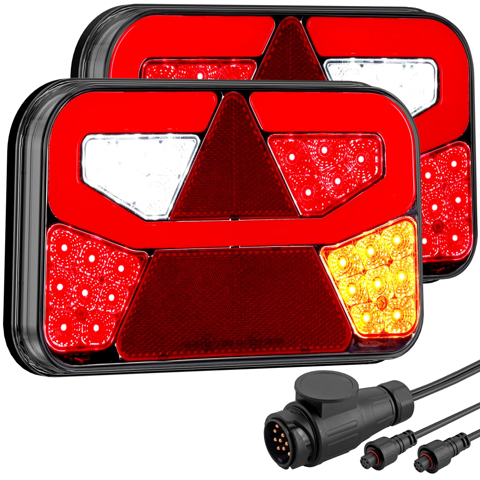 2 pcs Kit de Luces Traseras de Remolque, Pilotos Traseros Remolque | 13 pines con 6 Funciones y Cable 5.5m, Certificado E-mark para Camión Caravana Tractor Remolque (SIN luz de matrícula)