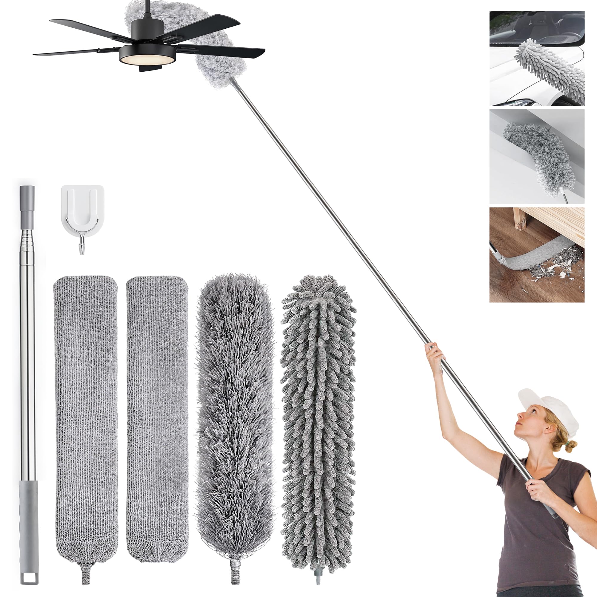 Overcomo Grey 6Pcs Extendable Feather Duster Kit,100Inch Telescopic Pole Dusters 3 Interchangeable Washable Heads - Microfibre Duster,Chenille Duster&Crevice Tool,With Hanging Hook For Home Cleaning