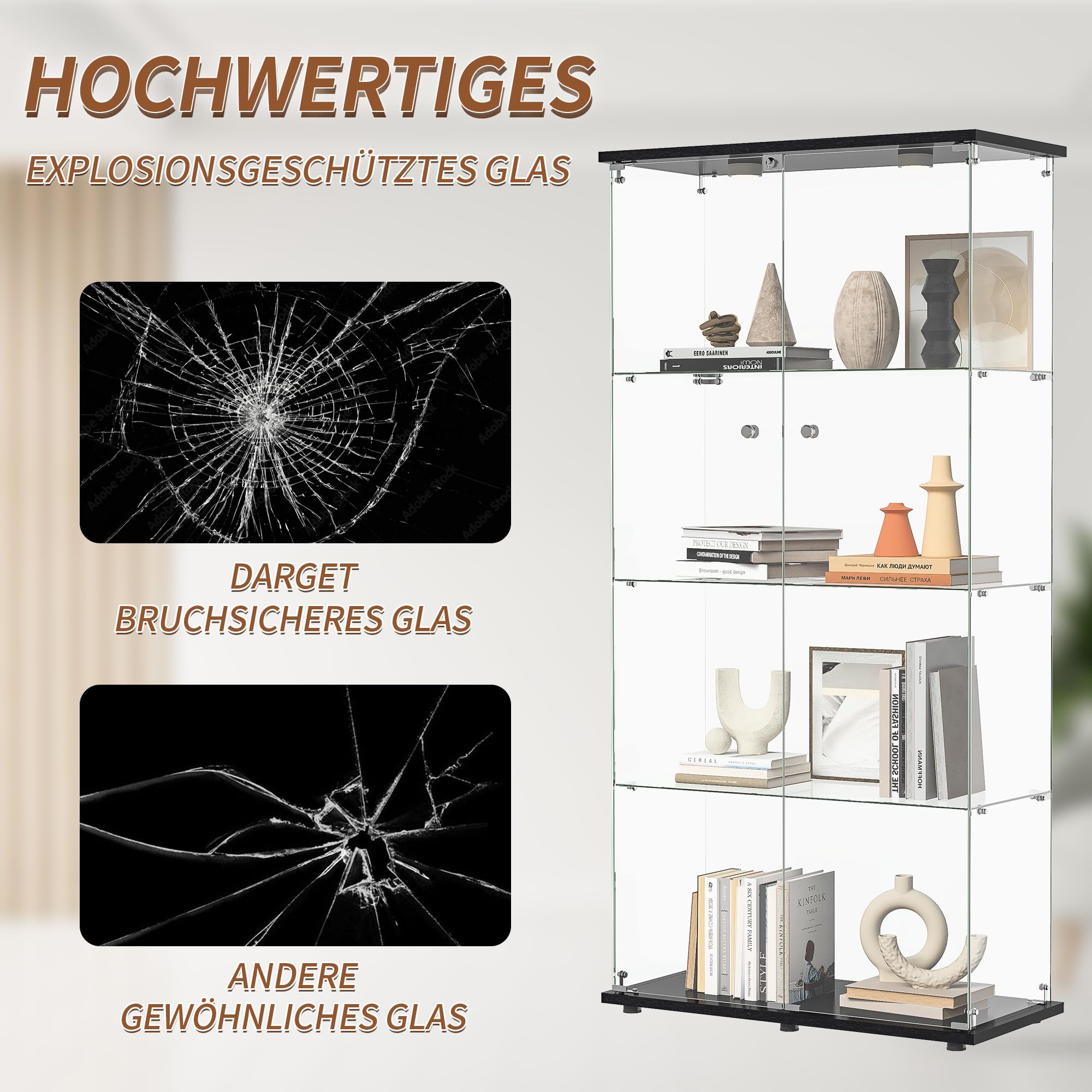 Vitrina de Cristal,164x80.5x36.5cm,Vitrina Expositora para Colecciones con 4 Estantes 2 Puerta con Cerradura,Gabinetes de Vidrio para Salón Dormitorio,Pasillo,Vitrina Cristal,Negro