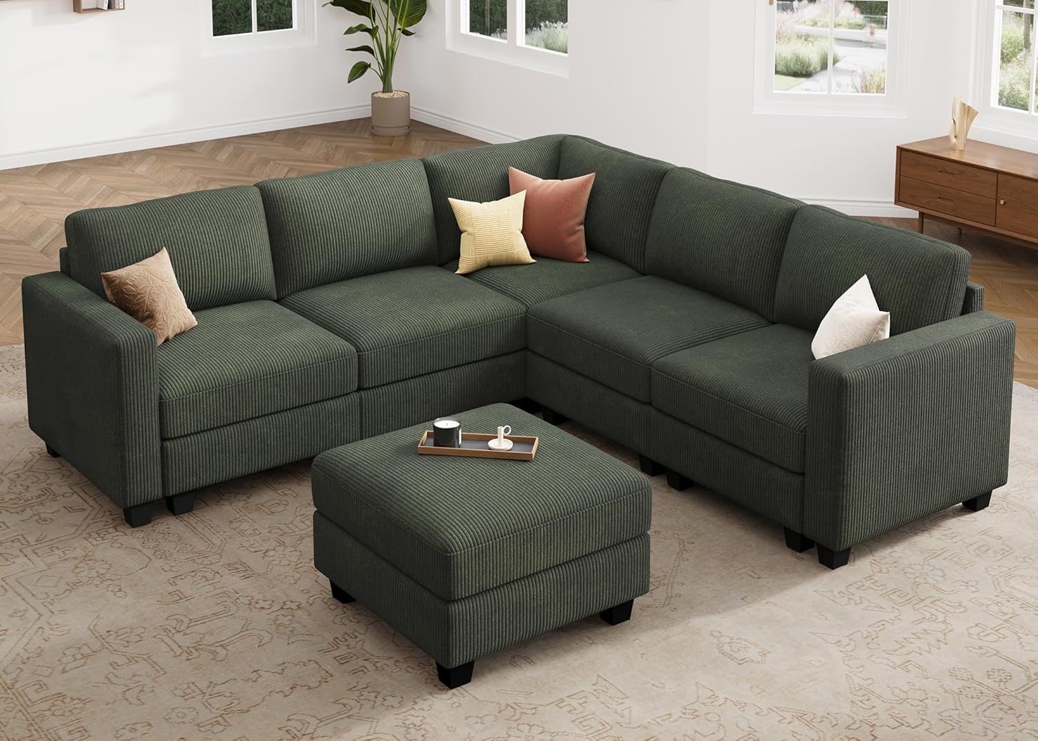 HONBAY Corduroy Modular Sectional Couch with Storage L-Shaped Sectional Couches for Living Room 6 Seater Modular Sofa, Green HONBAY Corduroy Modular Sectional Couch with Storage L-Shaped Sectional Couches for Living Room 6 Seater Modular Sofa, Green