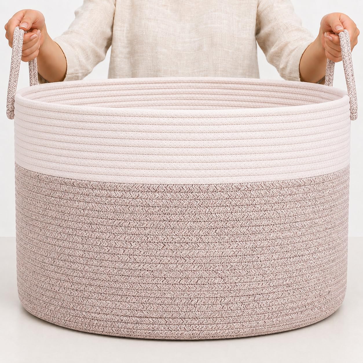 OrganiHaus Cesta Porta Giochi Bambini 33x50cm Marrone/Bianco – Organizer in Corda di Cotone per Cameretta, Coperta, Giocattoli o Lavanderia