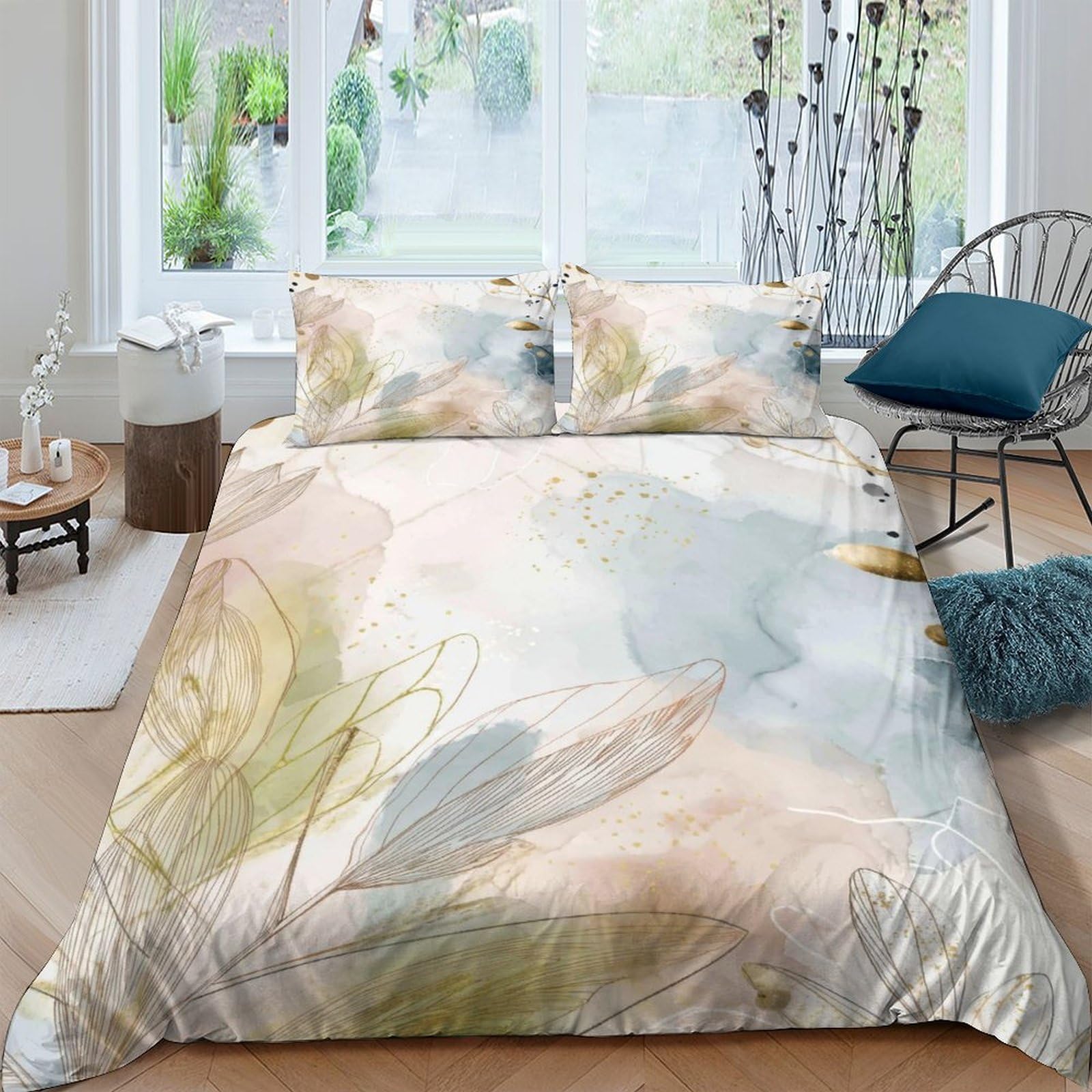 Ctjqhvkz Style-4 3D Printed Watercolor Leaf Fitted Sheet Microfiber Soft Pastel Abstract Bed Cover For Bedroom Guest Dorm Mattress Protection Single（135X200cm）