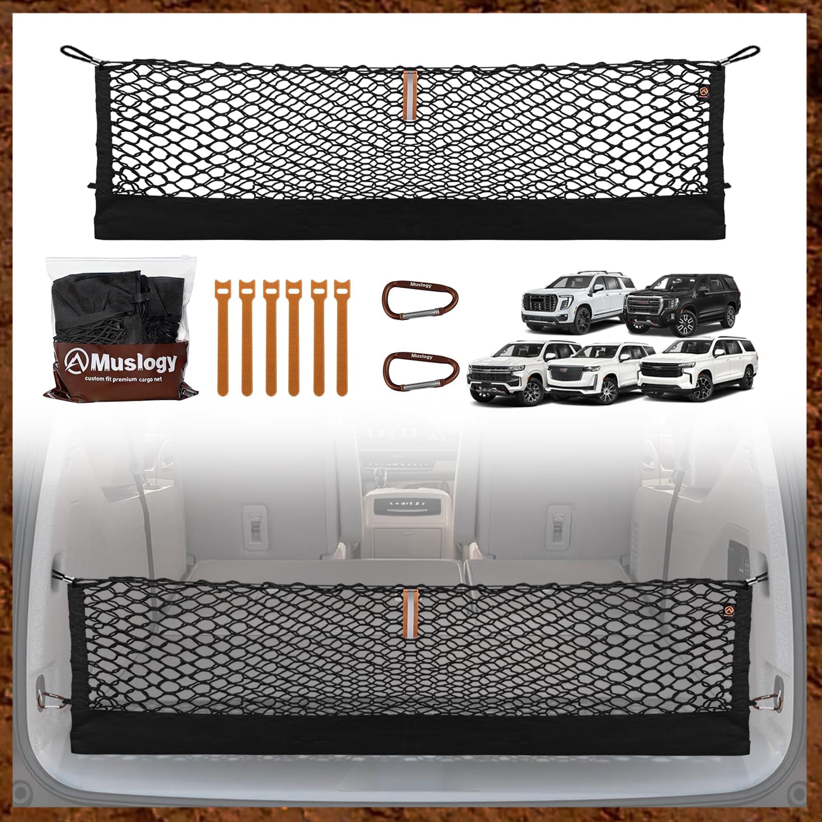 Muslogy Envelope Style Trunk Cargo Net Compatible with 2021-2025 Chevy Suburban&Tahoe, GMC Yukon&Yukon XL, Cadillac Escalade Accessories Upgraded Mesh Storage Luggage Net with Metal Hooks