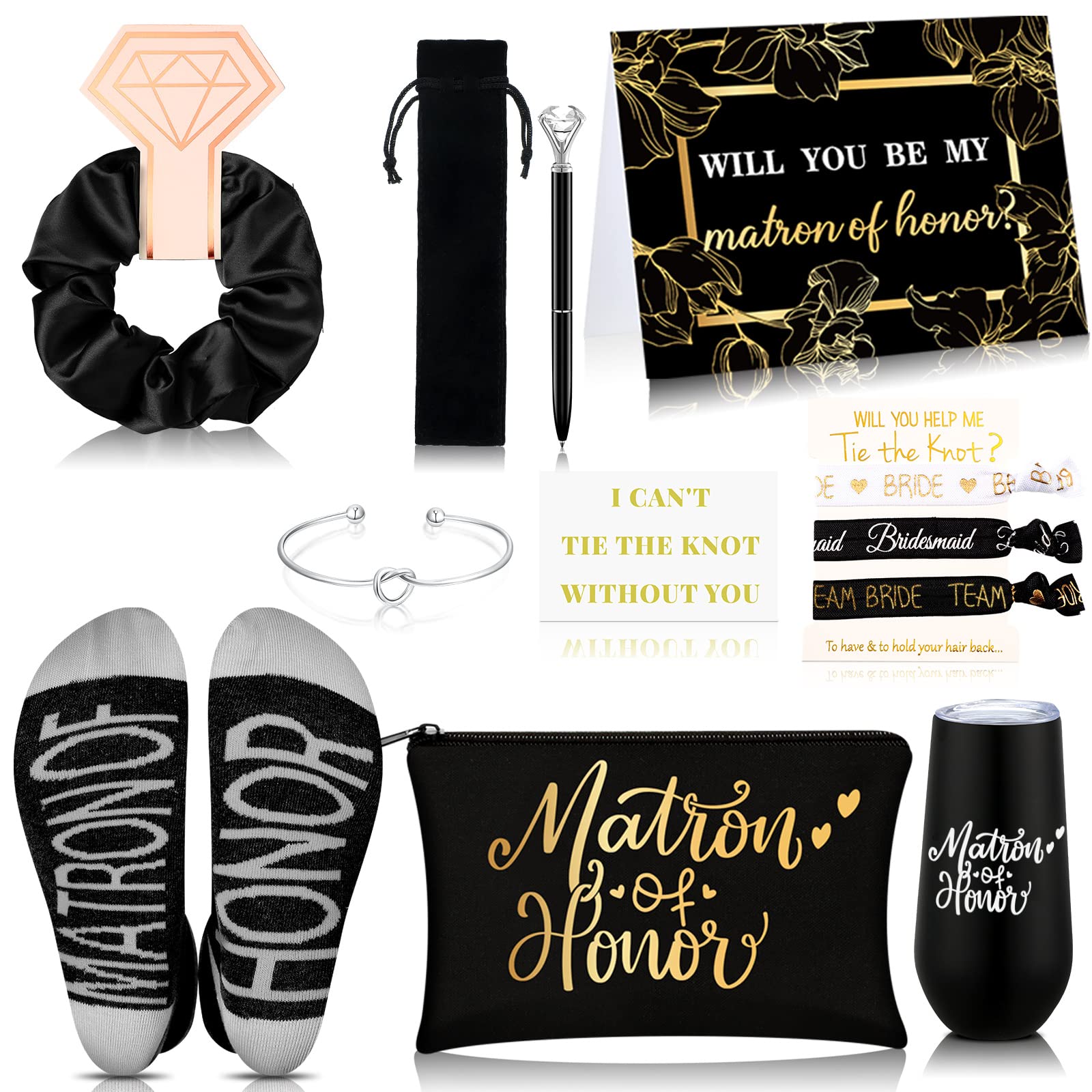 Photo 1 of 13Pcs Bridesmaid Proposal Gifts Maid of Honor Gifts Matron of Honor Gift Will You Be My Bridesmaid Gift Box Set Wine Tumblers Socks Scrunchie Pen for Wedding Bachelorette Party Supply (Classic)