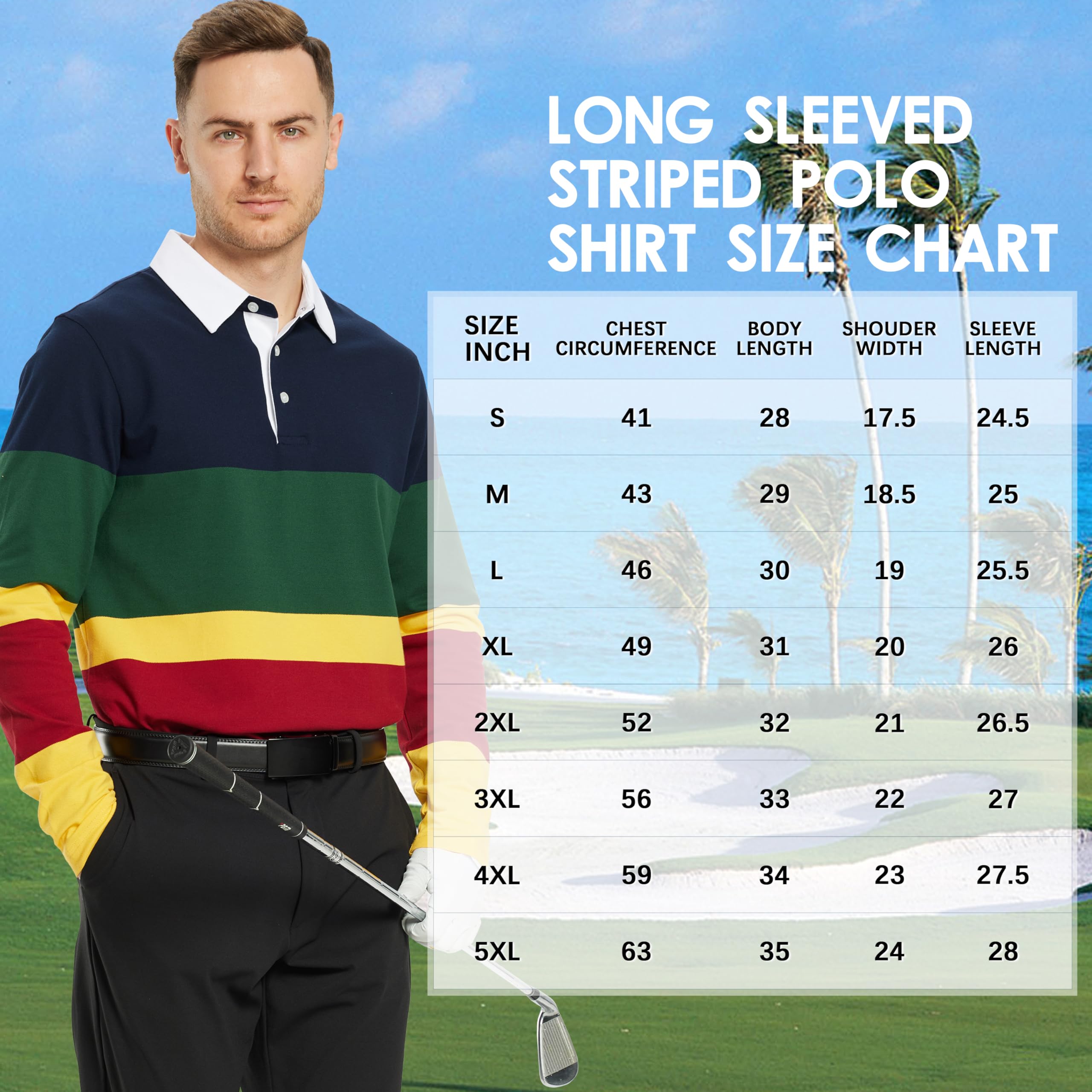 Polo da golf da uomo a maniche lunghe a righe asciutte vestibilità atletica casual a maglia polo per uomo, Colore: giallo marino., L