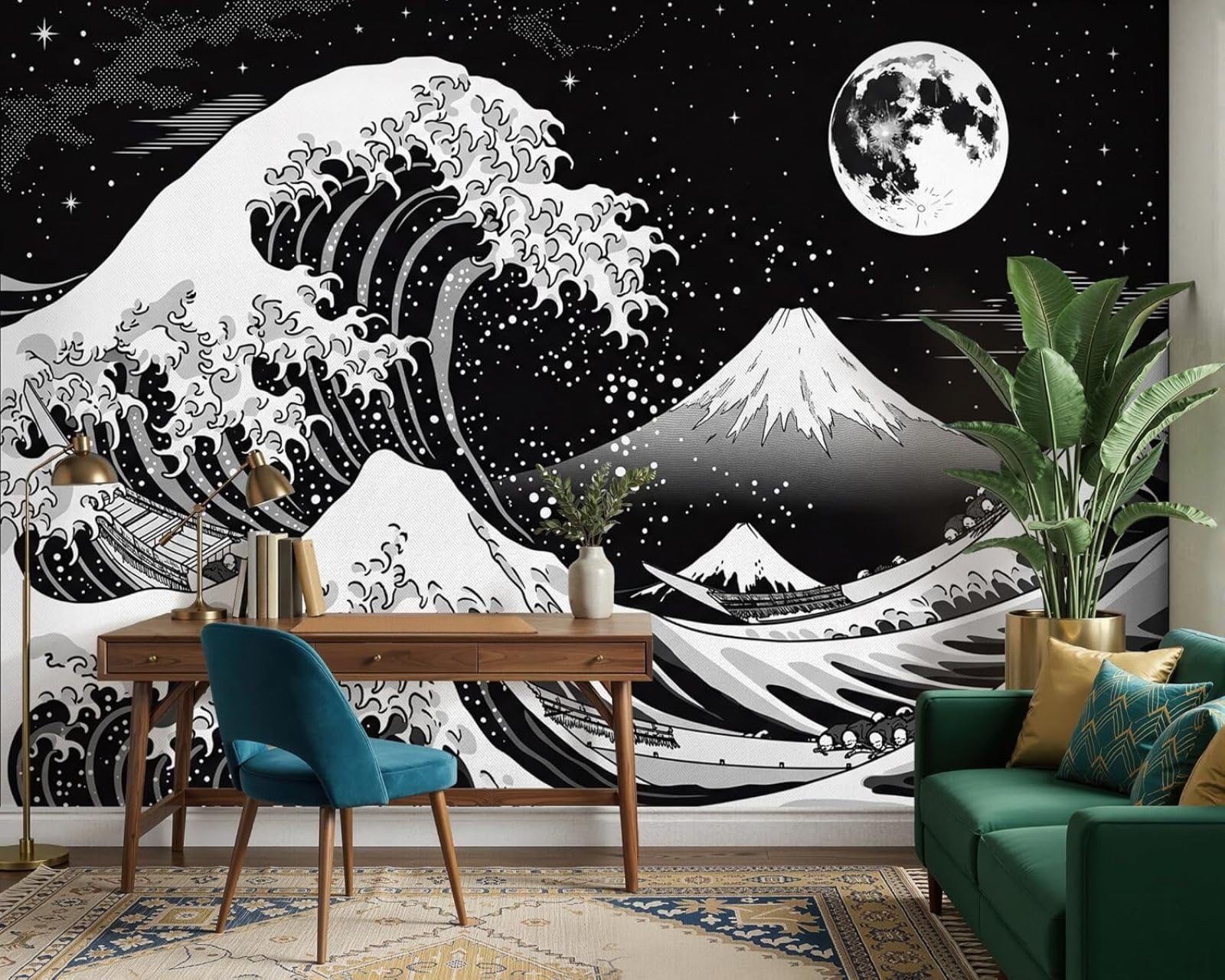 Photo wallpaper Great Wave Kanagawa Japanese Art Black and White Non-woven Wallpaper Modern Living Room Bedroom Children's Room Wall Decor Motif Wallpaper, 430cm x 300cm Stickers - Frameless Painting