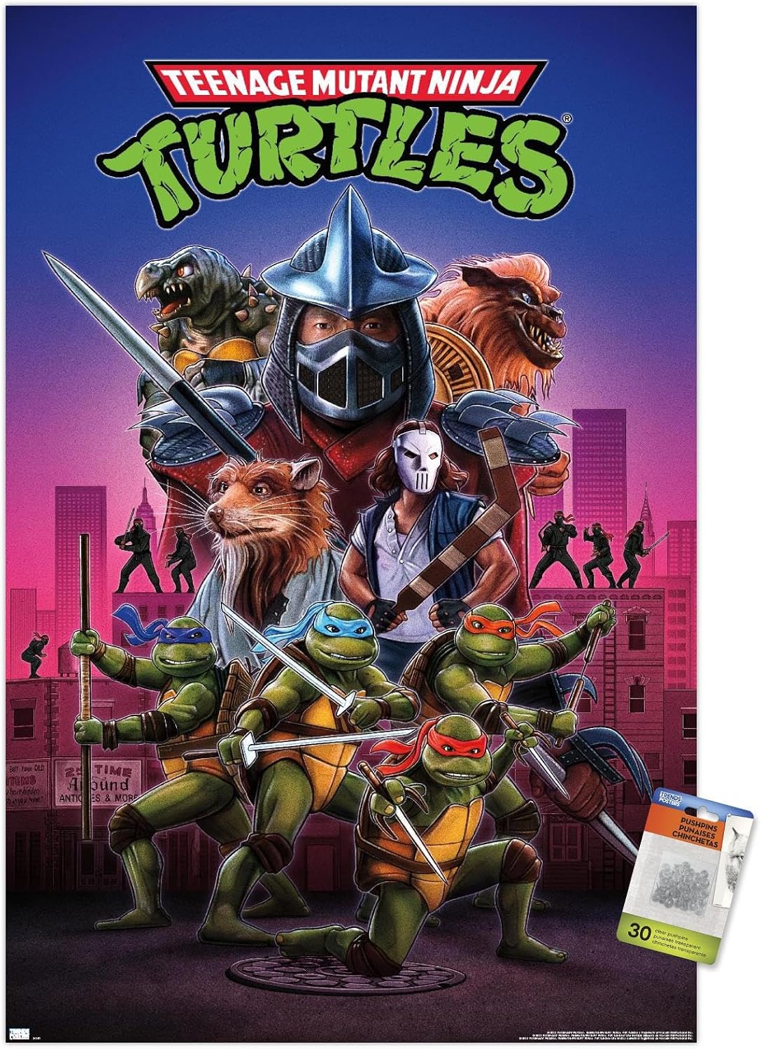 Trends International Teenage Mutant Ninja Turtles (1990) - One Sheet Wall Poster, 22.37" x 34.00", Premium Poster & Push Pin Bundle