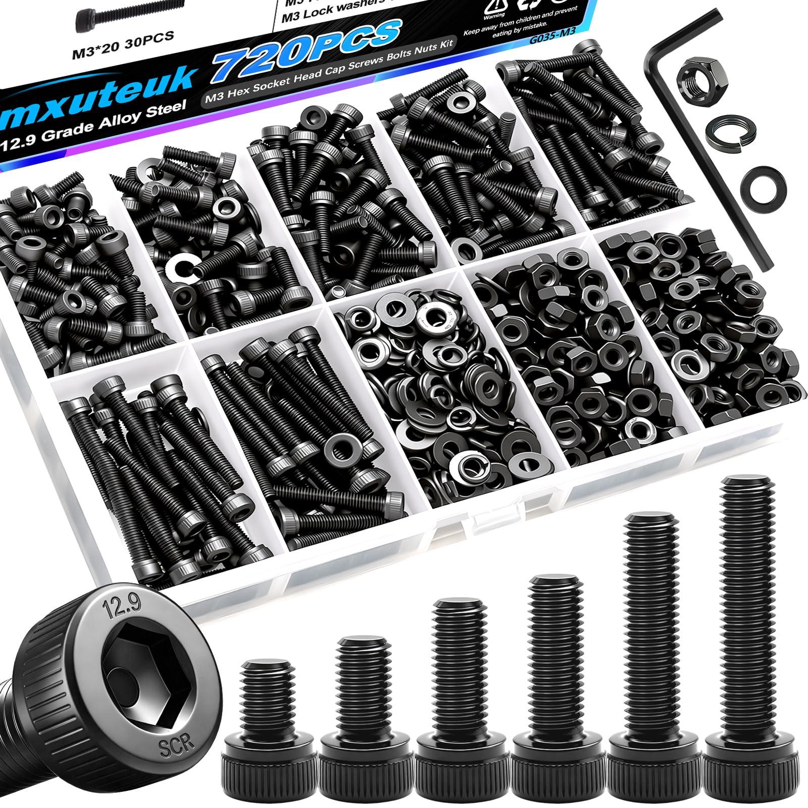 mxuteuk 720PCS M3 Screws Kit,M3×6/8/10/12/16/20mm M3 Screws Assortment Kits,12.9 Alloy Steel M3 Nuts and Bolts,M3 Hex Socket Head Bolts Nuts Washers Set Suitable for 3D Printer,DIY-image-17