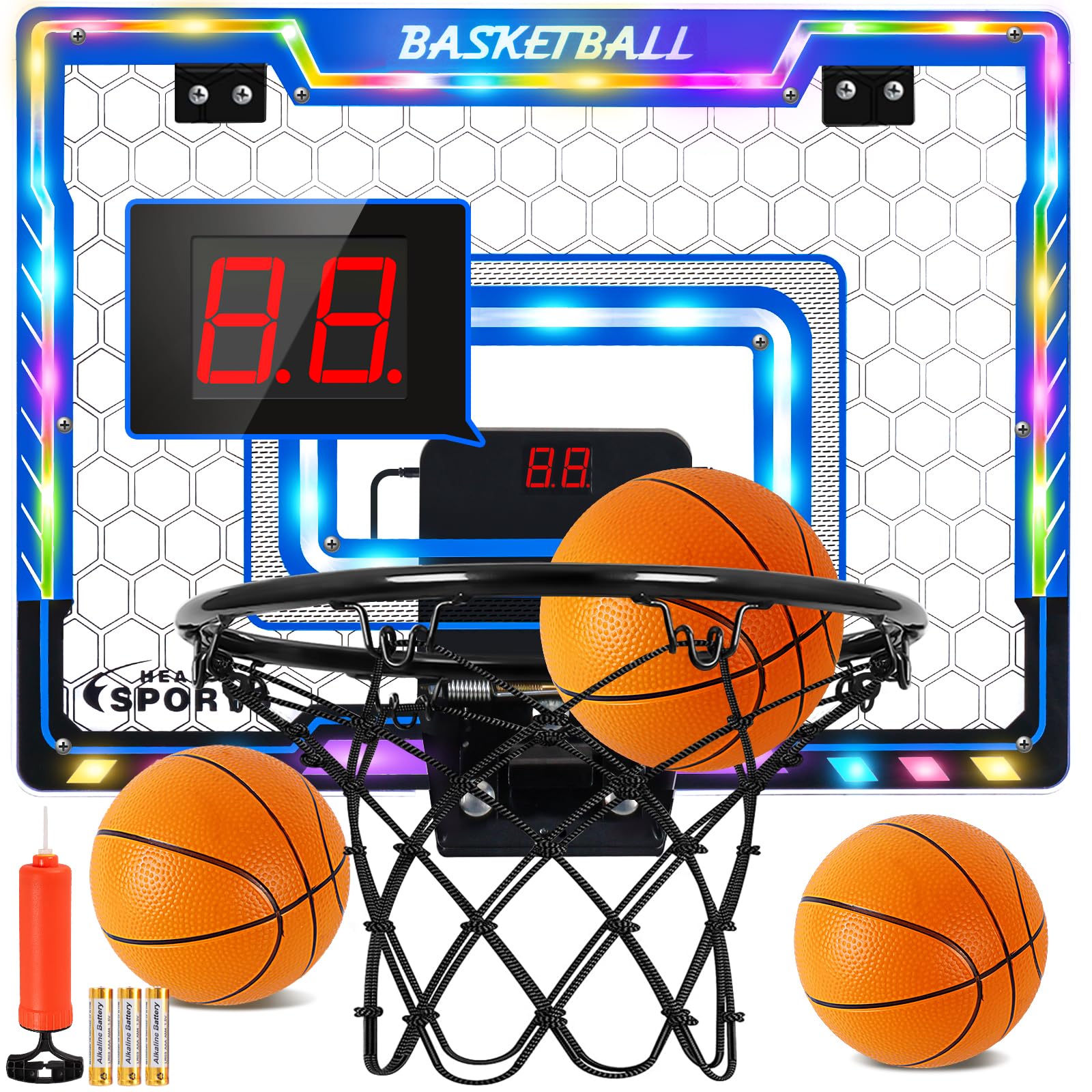 SUPER JOY Mini Basketball Hoop Over The Door with Auto Scoring- Wall Mounted Basketball Hoop Set with Colorful LED Lighting Indoor Basketball Hoop for Kids &amp; Adults 5 6 7 8 9 10 11 12 Year Old