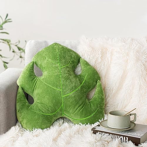 AELS Almohada decorativa de hojas 3D de 18 pulgadas, bonita almohada de felpa de Monstera Deliciosa para amantes de las plantas, amantes del jardín,