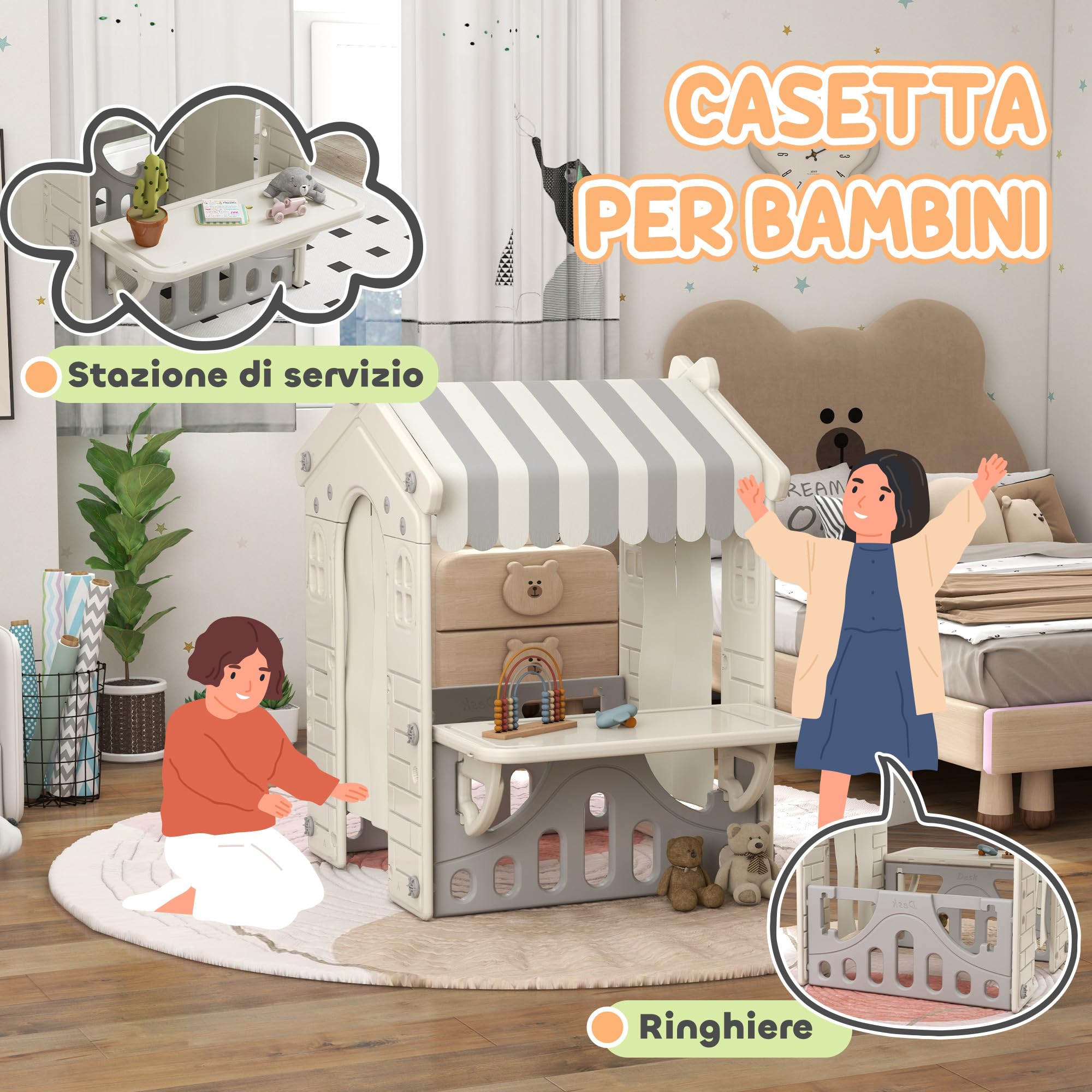 AIYAPLAY Casetta per Bambini con 4 Finestre, Porte ad Arco, Tetto e Bancone, Plastica, Crema