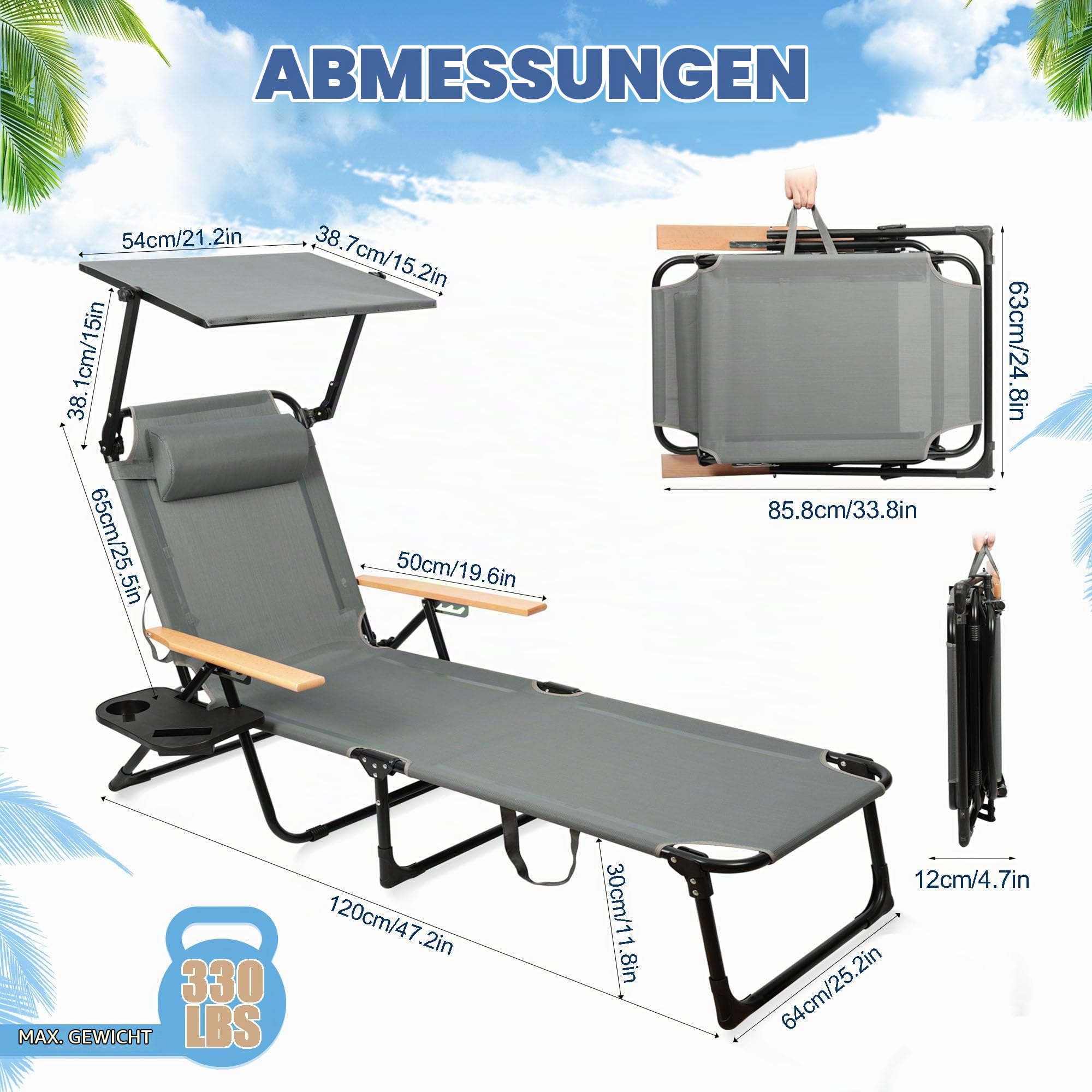Sonnenliege klappbar mit Dach & 4-Fach Verstellbare Rückenlehne, Gartenliege mit Kopfkissen bis 150 kg, Tragbar Strandliege Liegestuhl, Campingliege für Pool, Strand (Grau mit Dach)