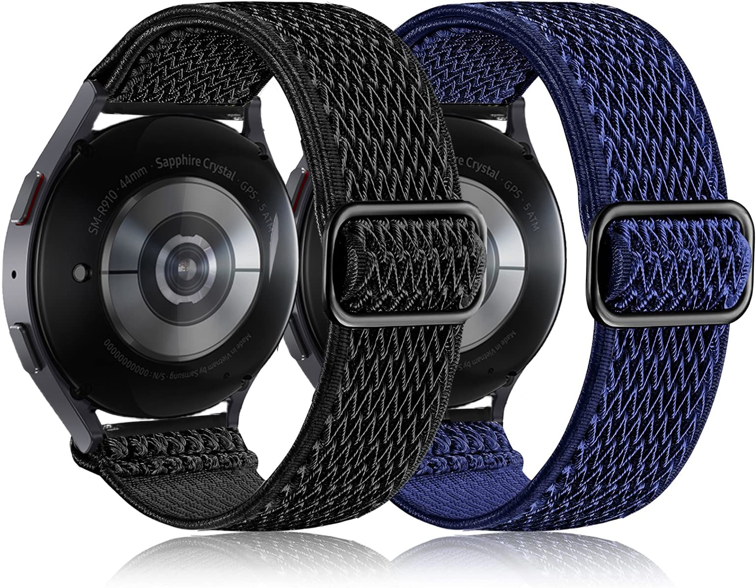 Elastic Bands for Galaxy Watch 5/4 Bands 44mm 40mm/5 Pro Band, Galaxy Watch 4 Classic Bands 46mm 42mm/Active 2 Women Men, 20mm Stretch Nylon Replacement Strap(Wave Black+Blue)