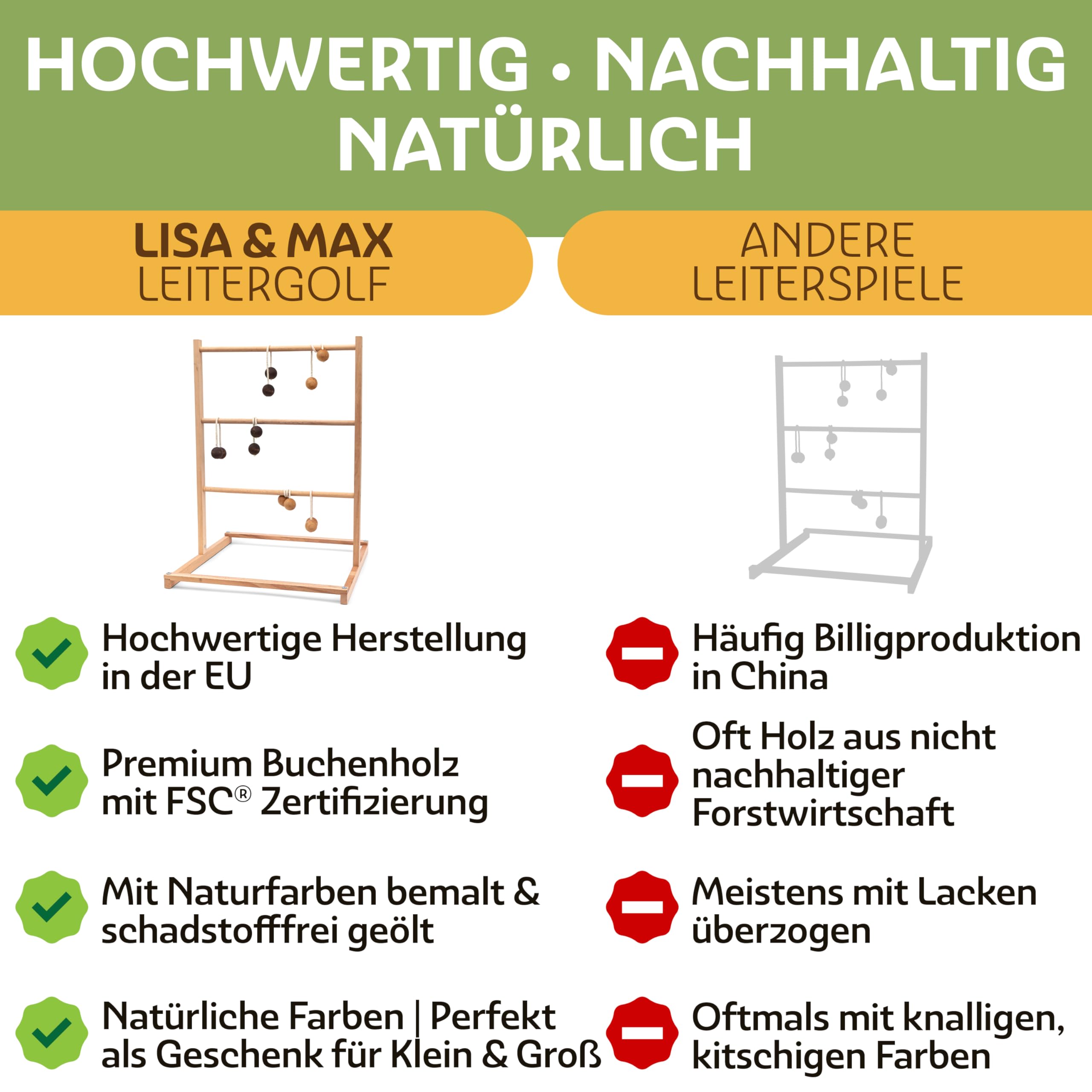 LISA & MAX Leitergolf Outdoor aus FSC® zertifiziertem Holz - Test SEHR GUT - Robustes & Natürliches Leiterspiel mit 6X Leitergolf Bällen - Outdoor Wurfspiel - Made in EU